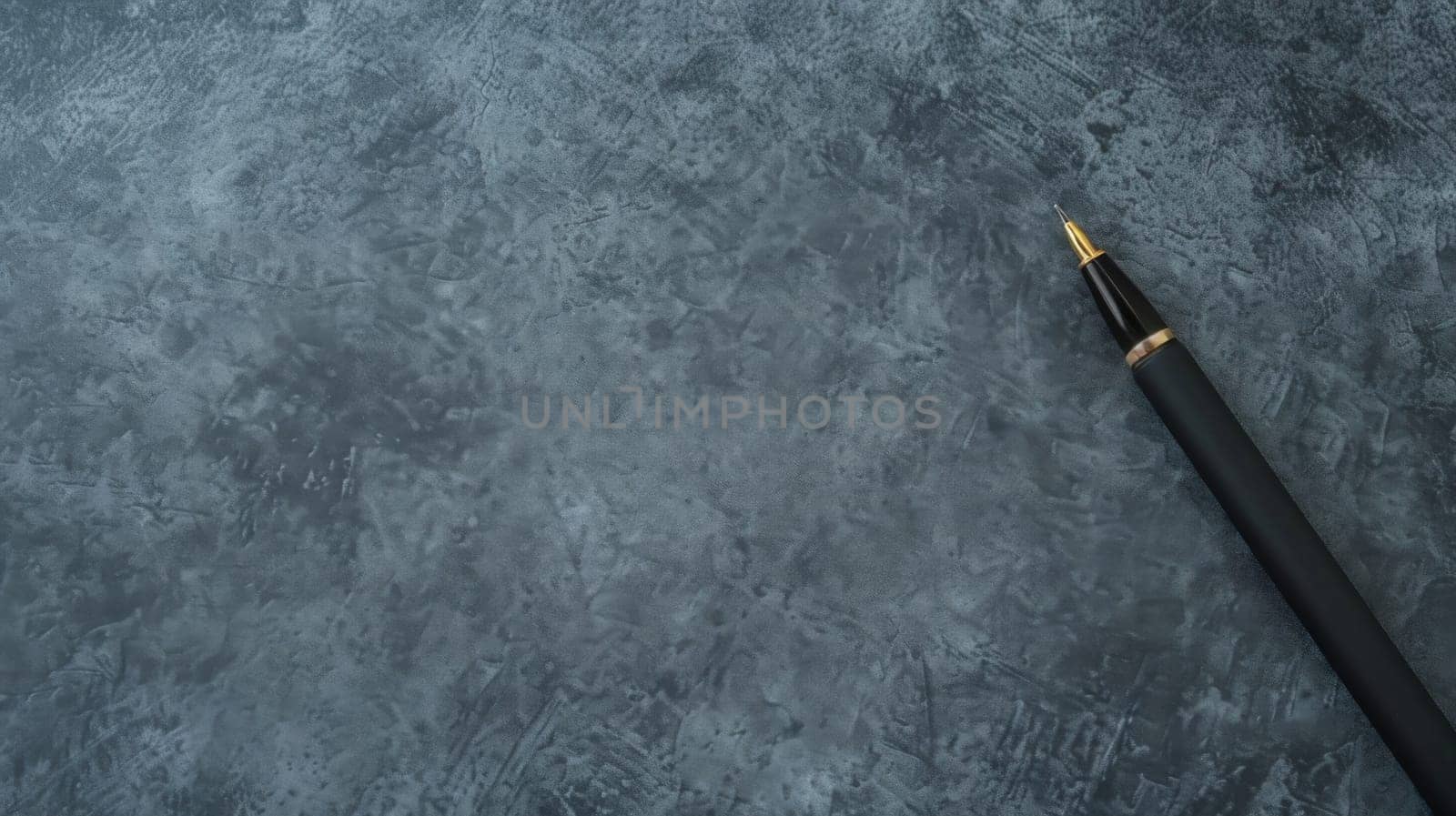 A black pen sits on top of a plain gray surface, casting a subtle shadow. The pen appears unused and untouched, with no visible writing on the tip.