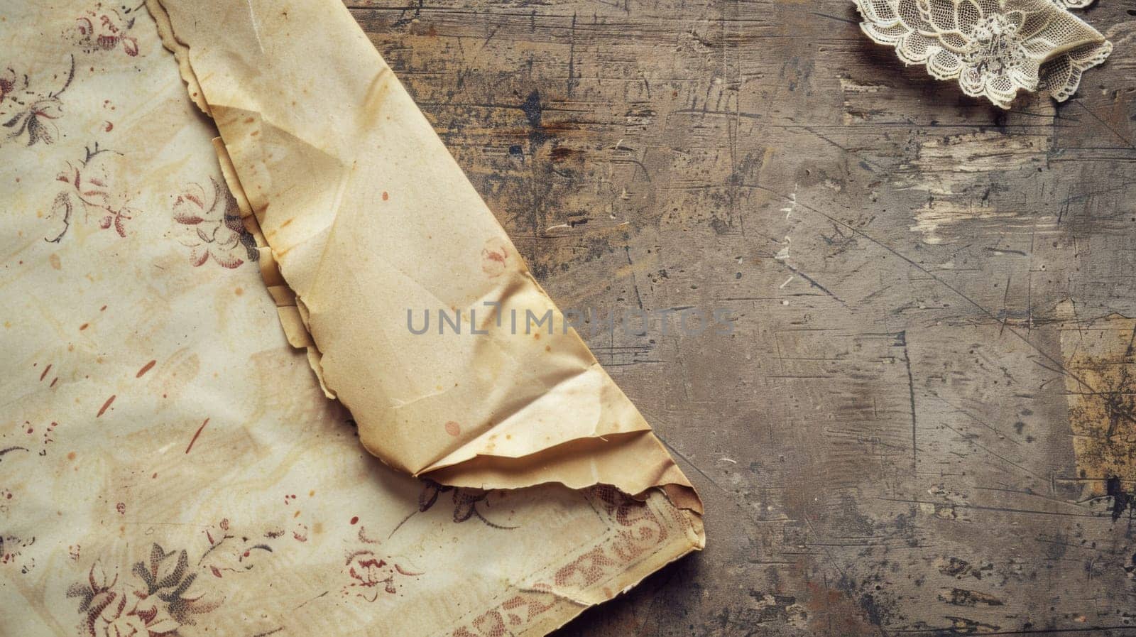 A white piece of paper is placed neatly on a wooden table, adorned with a delicate lace doily. The doily adds an elegant touch to the otherwise simple setting.