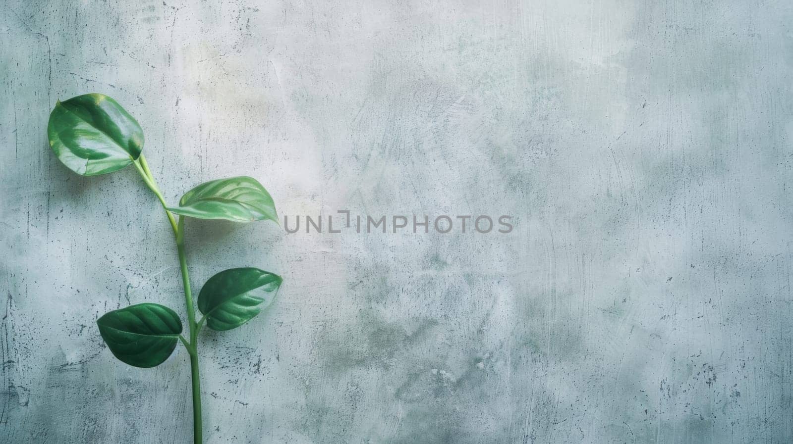 A plant with vibrant green leaves grows on a concrete wall, showcasing resilience and adaptation to urban environments. The leaves contrast sharply against the gray background, adding a touch of nature to the man-made structure.