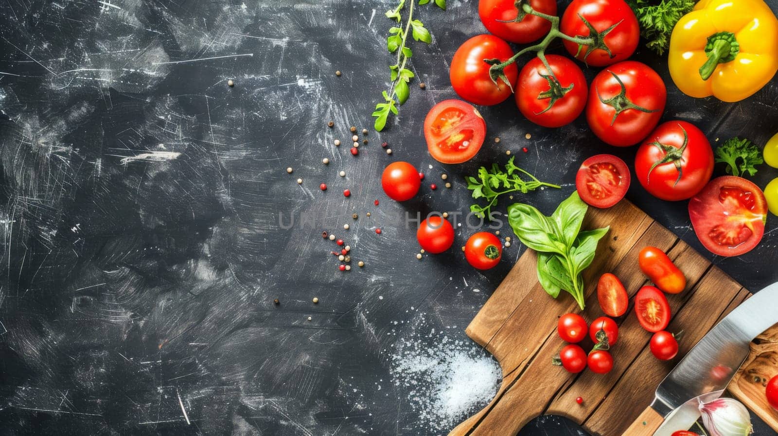 A cutting board is filled with an assortment of colorful and fresh vegetables, including carrots, tomatoes, bell peppers, cucumbers, and broccoli. The vegetables are neatly arranged and ready to be chopped and prepared for a meal.