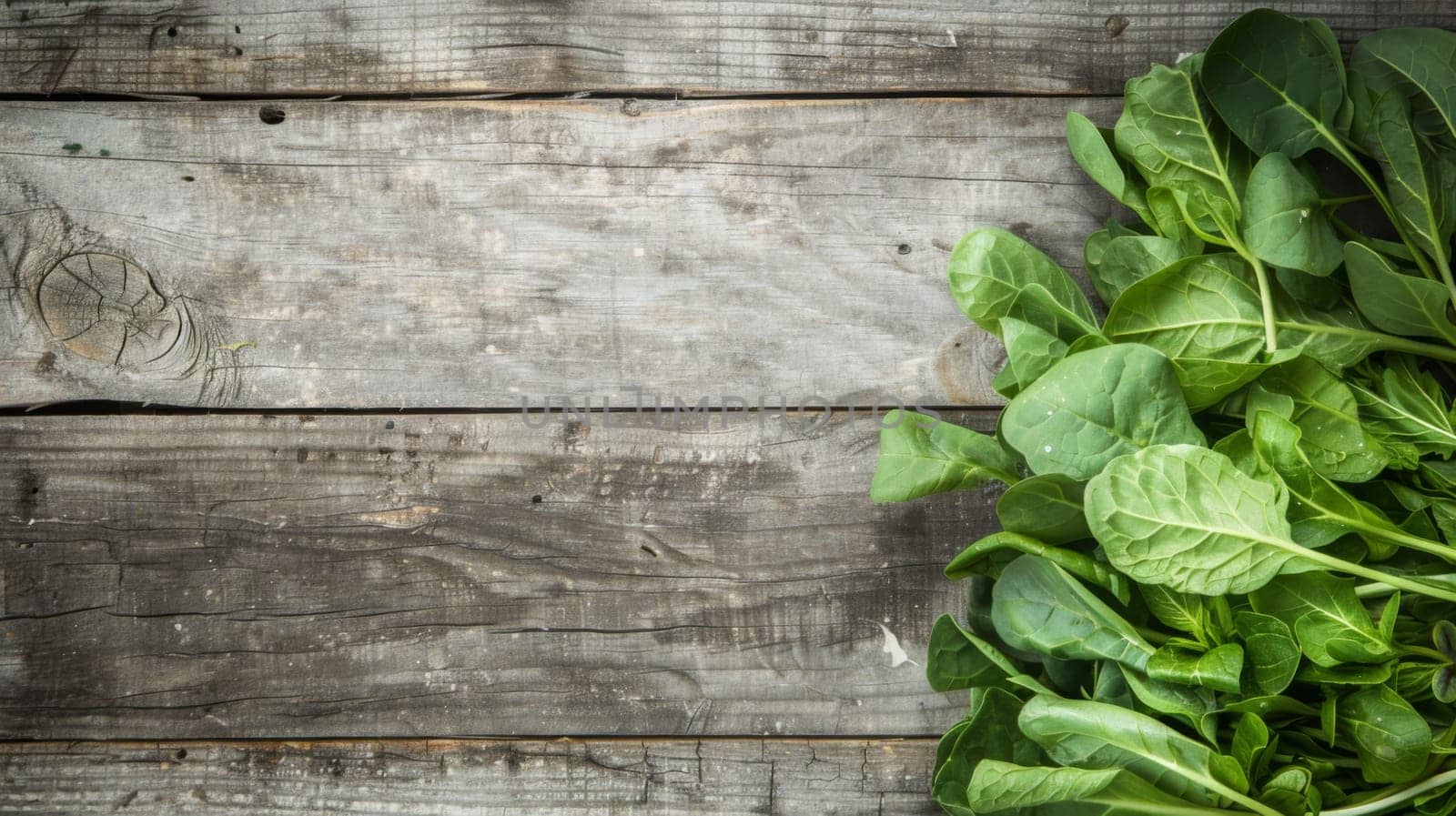 A collection of vibrant green spinach leaves arranged in a bunch on a rustic wooden table. The spinach appears freshly picked and ready for use in cooking or salads.