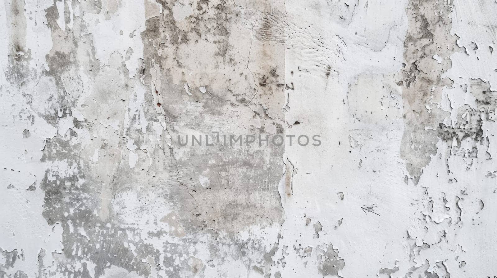 The image depicts a weathered white and gray wall with sections of peeling paint, revealing the underlying surface. The worn-out appearance suggests neglect and time-worn decay in an urban setting.