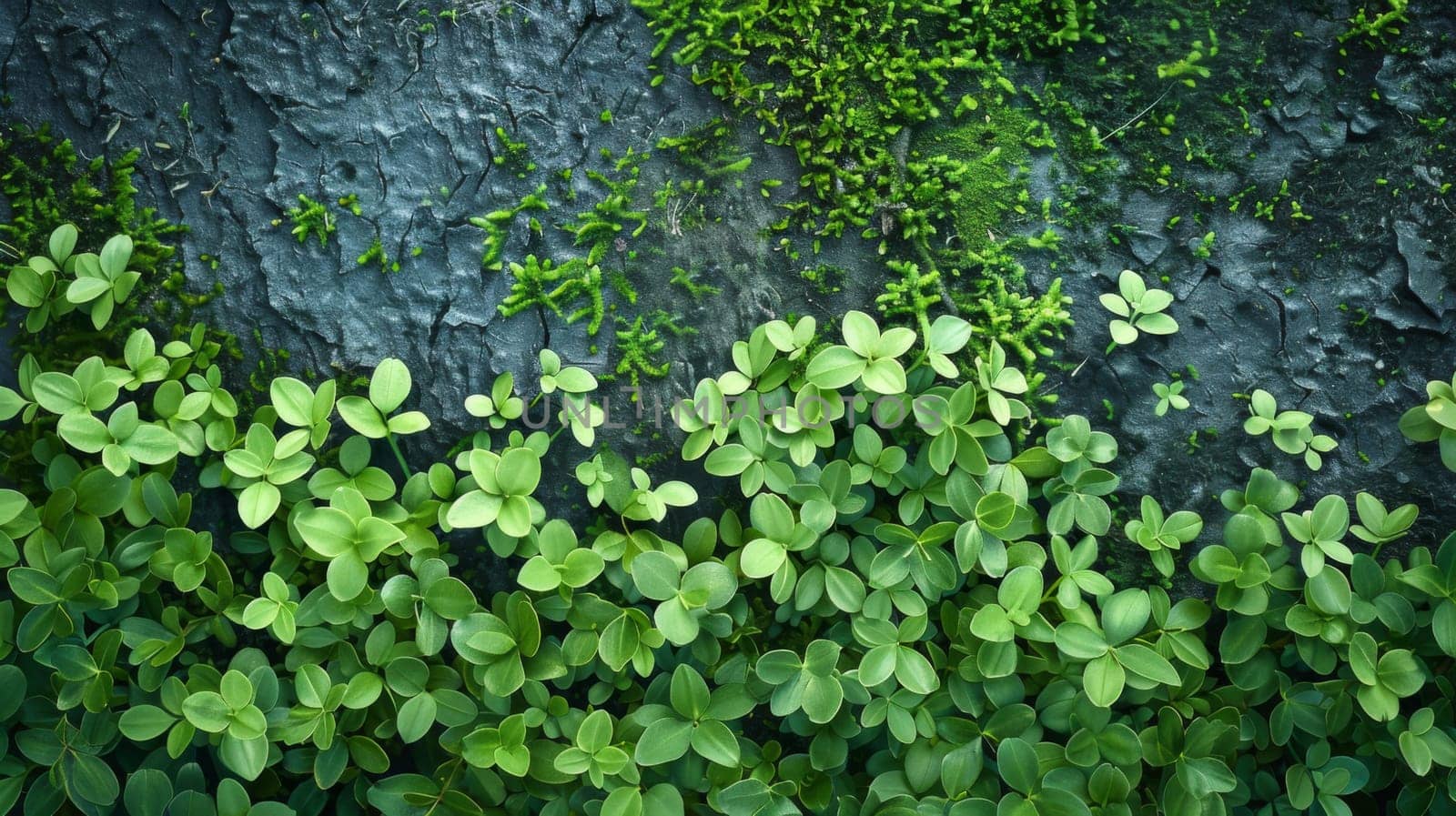 Several lush green plants are growing next to a rugged rock wall, creating a vibrant contrast in textures and colors. The plants appear to be thriving in the rocky environment, adding a touch of nature to the urban landscape.
