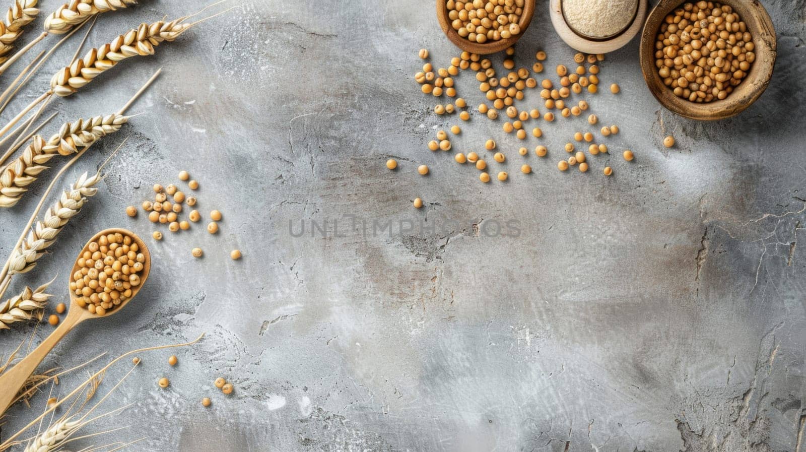 A wooden table is covered with an assortment of different types of grains, ranging from rice and quinoa to oats and barley. The grains are neatly arranged in rows, showcasing their diverse colors and textures.