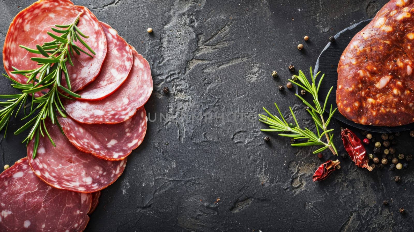 A plate filled with a variety of salami and deli meats is placed on a sleek black surface. The meats are arranged neatly, showcasing their textures and colors.