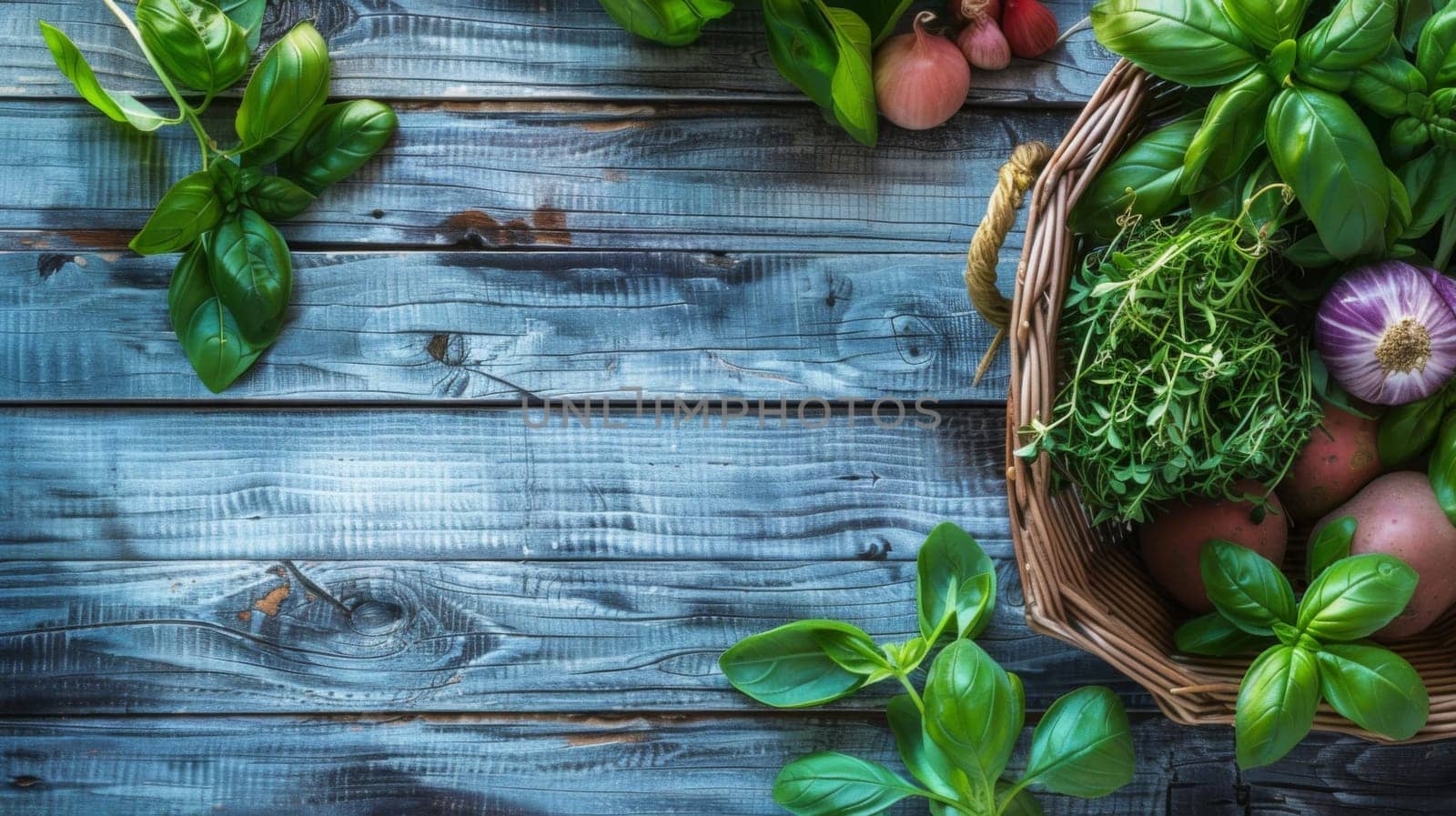 A basket overflowing with various shades of green vegetables such as lettuce, broccoli, spinach, zucchini, and kale. The vegetables are fresh and vibrant, giving a sense of health and nutrition.