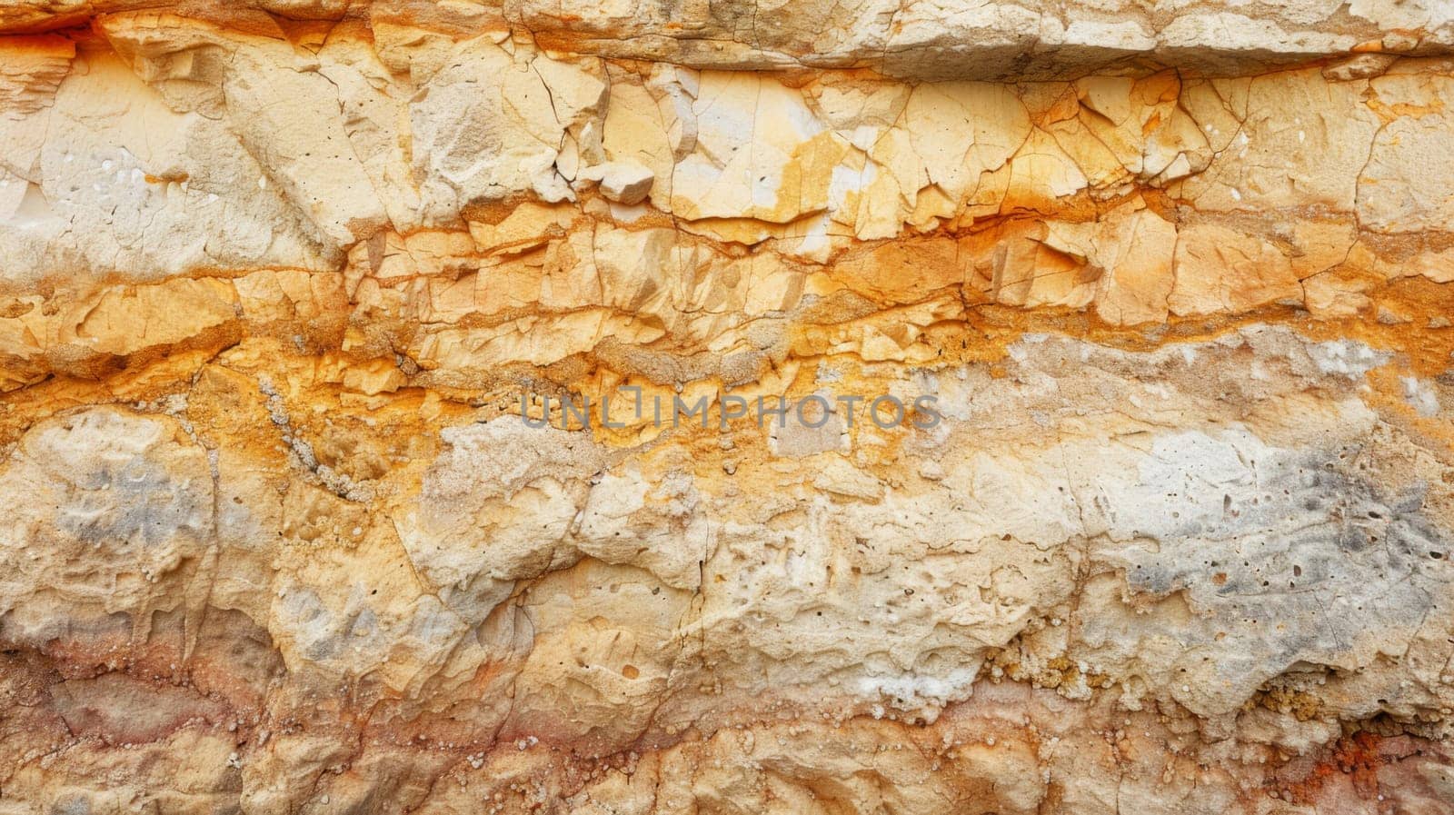 Close-up view of a rock face covered in yellow and brown paint. The textured surface of the rock is visible, showcasing the striking colors applied to it.