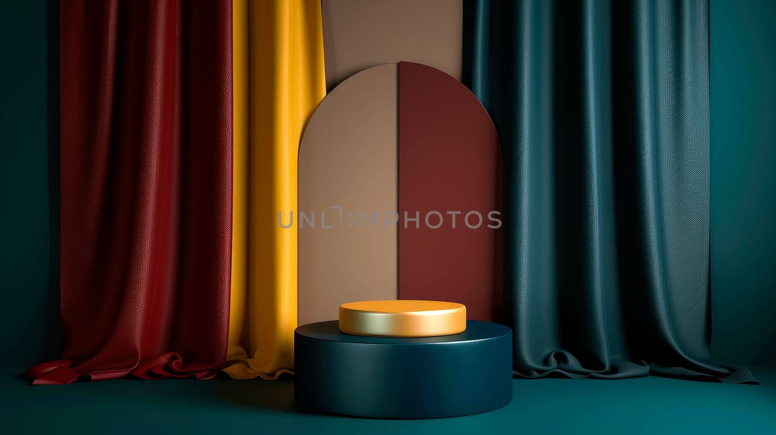 Abstract  colorful room with cylinder stand podium. Minimal scene for mockup product display. Stage for showcase.AI generated