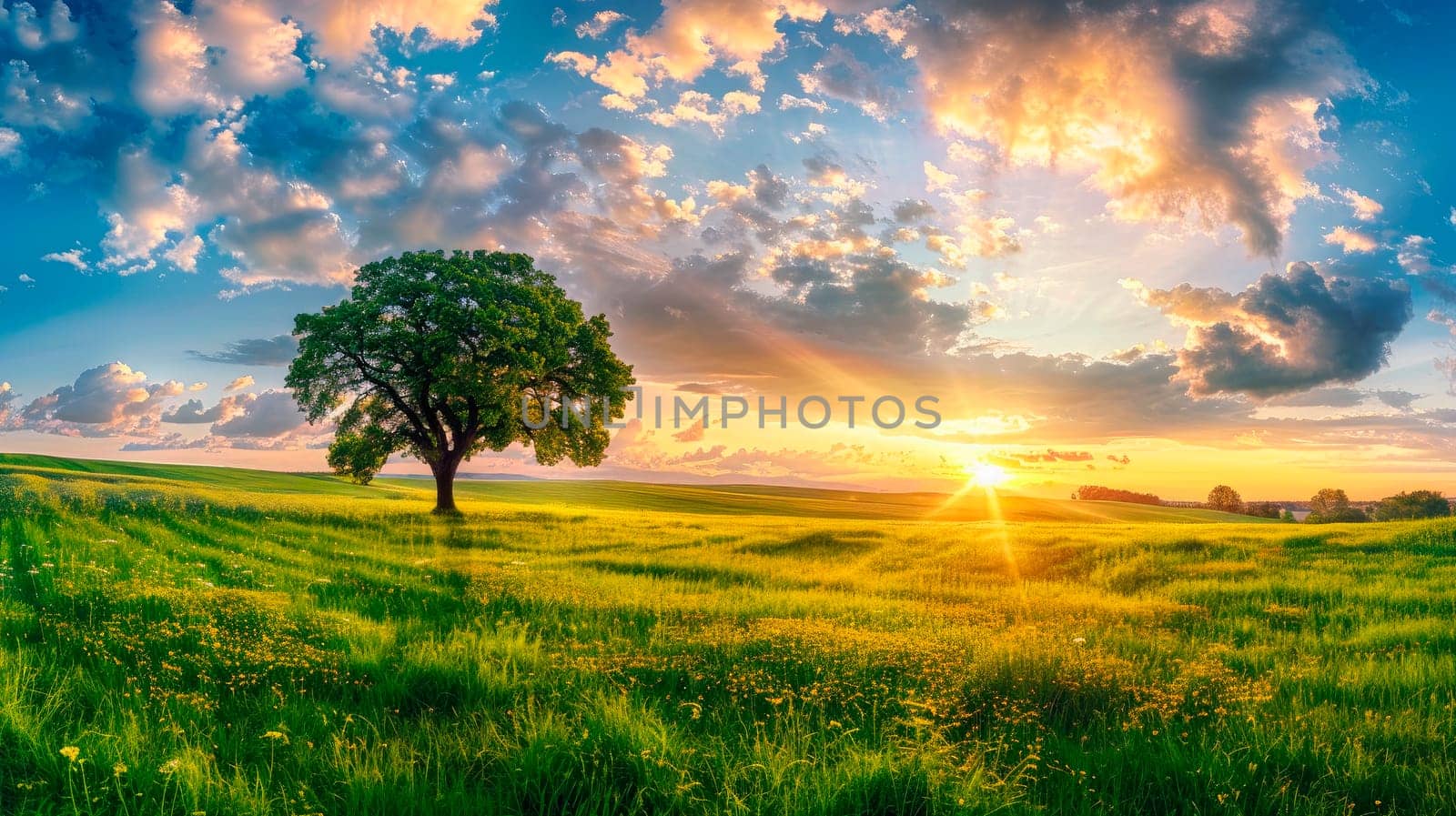 Tranquil panoramic rural landscape scenery in an early summer morning after sunrise with a lonely tree on green meadow and colorful clouds in the gold and blue sky.AI generated