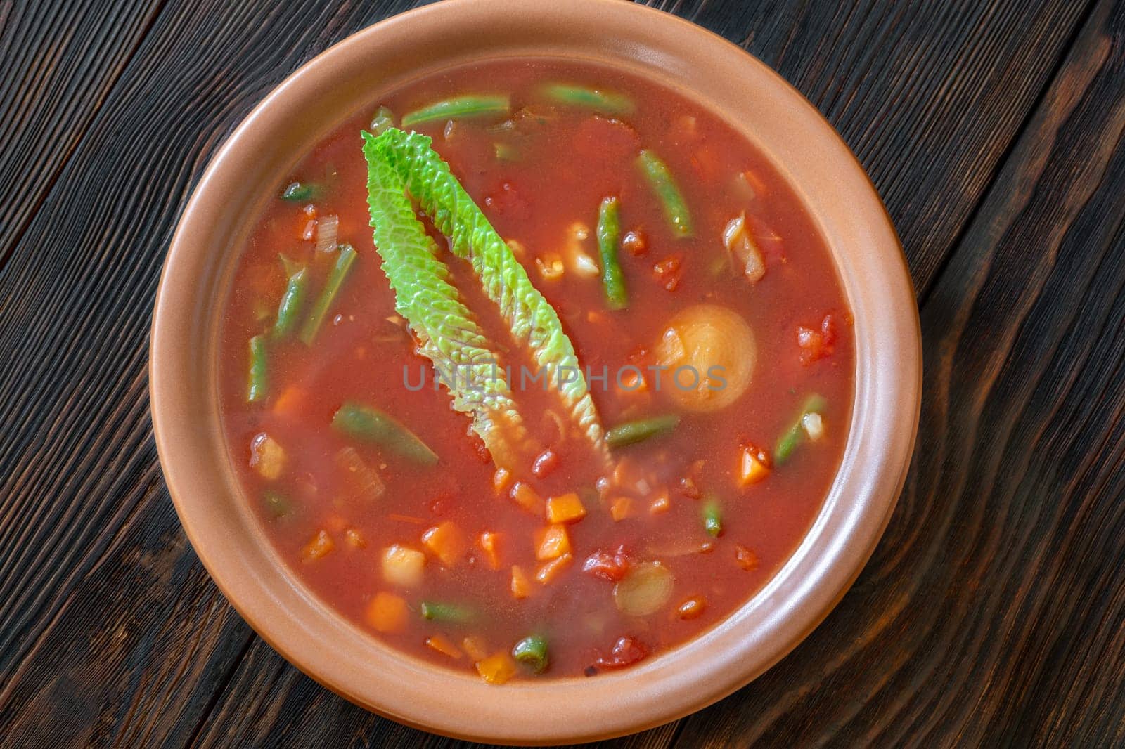 Portion of Minestrone soup made with vegetables and stock