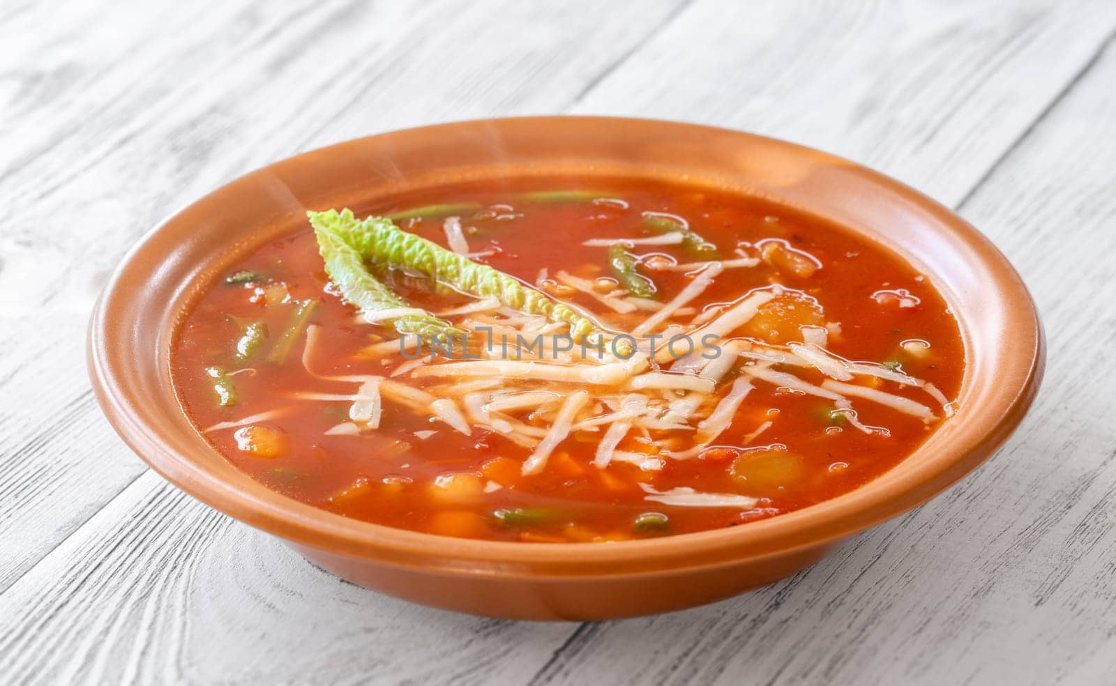 Portion of Minestrone soup made with vegetables and stock