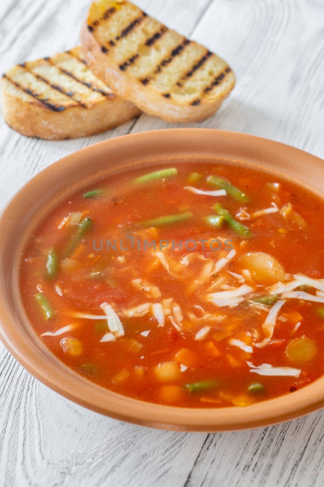 Portion of Minestrone soup made with vegetables and stock