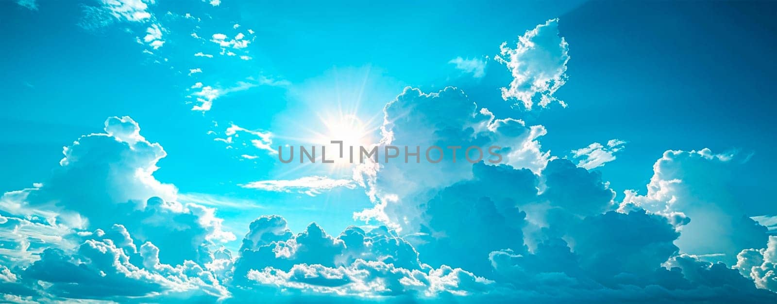 Blue sky with bright sun as abstract panoramic background AI generated image