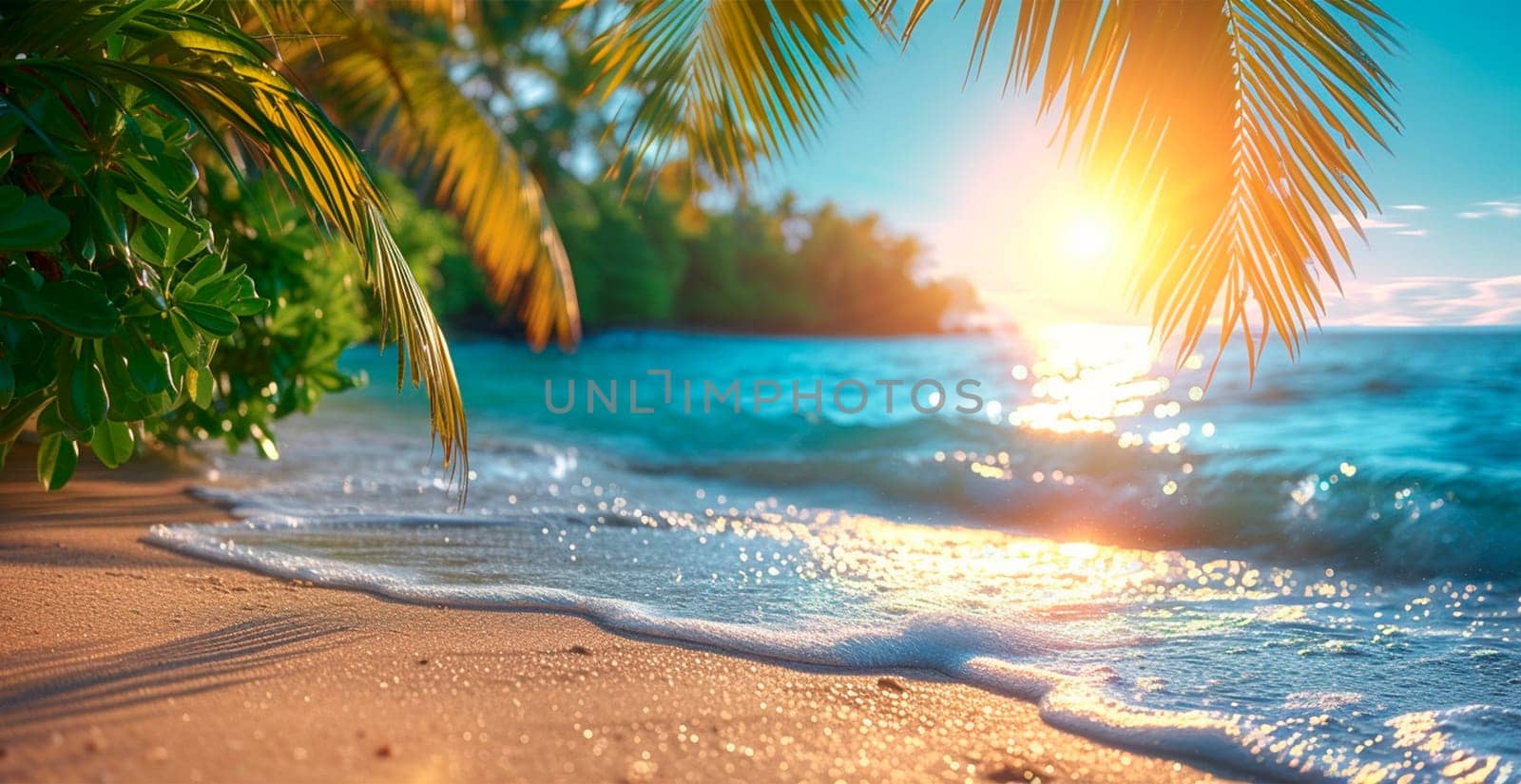 Bright sunny beach, vacation concept at sea, ocean, palm trees, tourism AI generated image