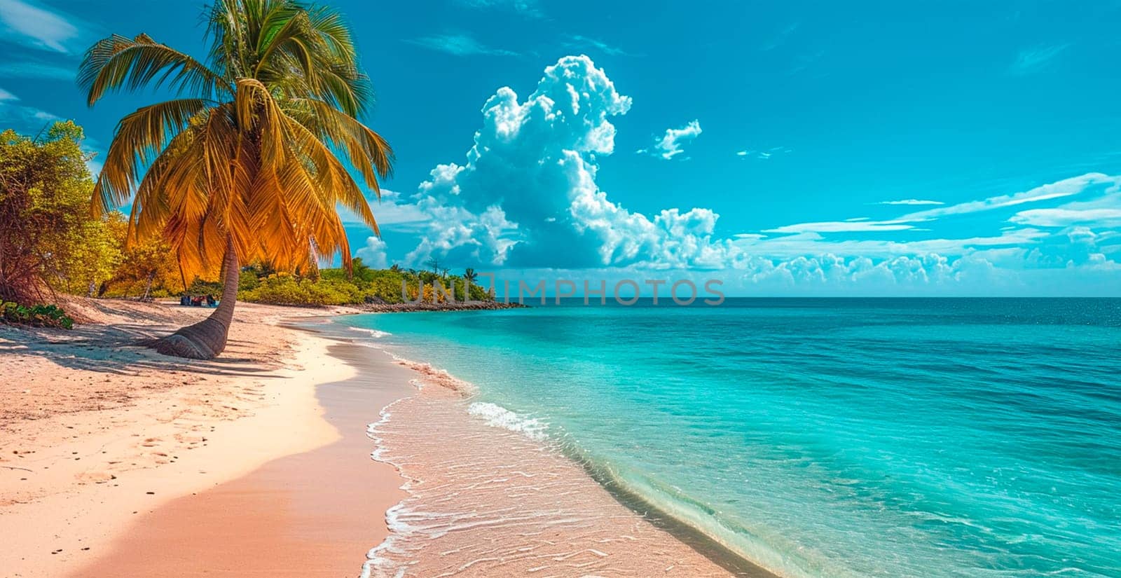 Maldives beach, beautiful hanging palm trees, snow-white sand AI generated image