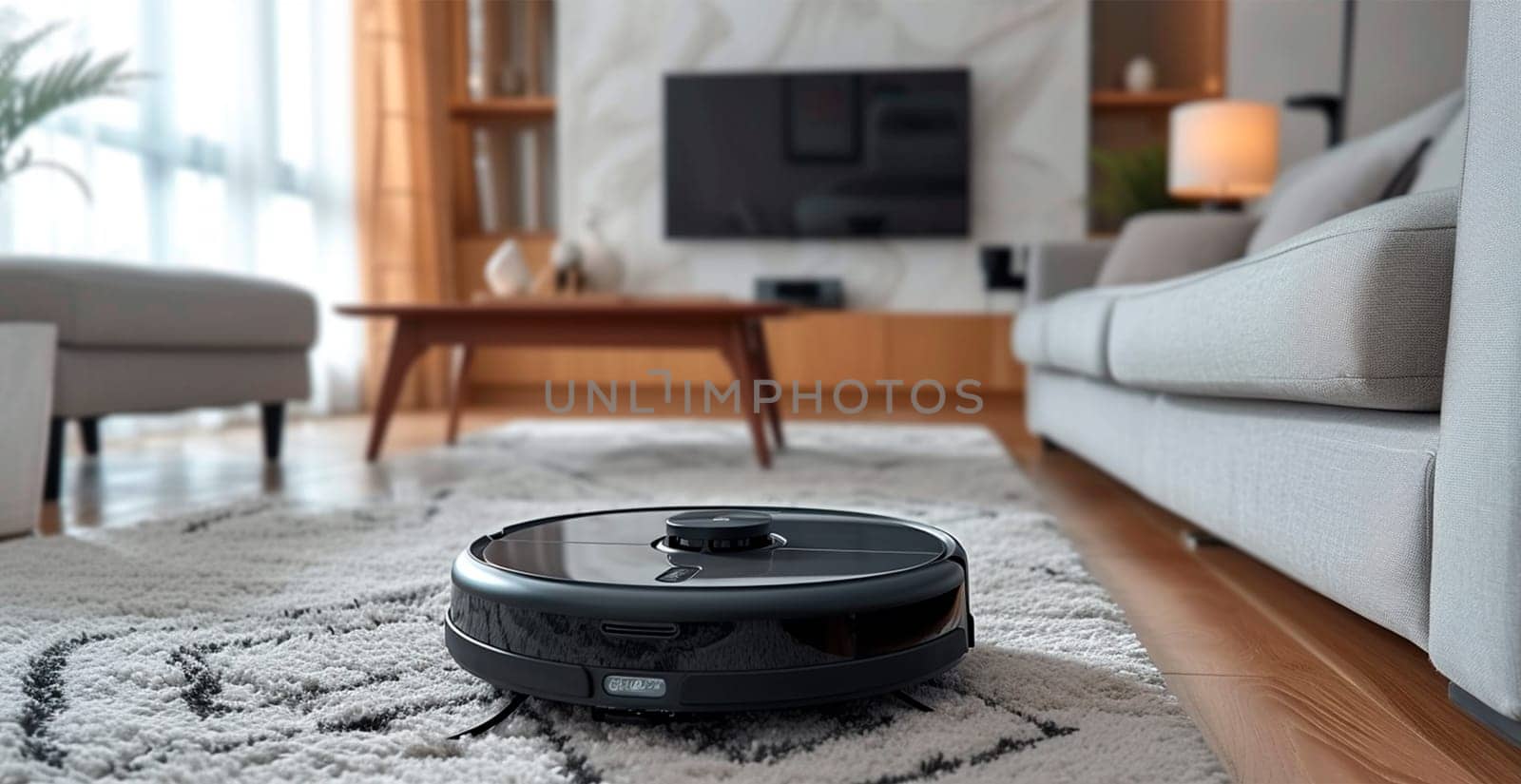 A robot vacuum cleaner does dry and wet cleaning of the house, modern technologies AI generated image