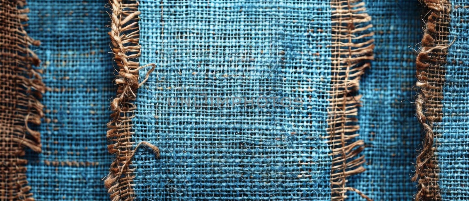 Close-up of a blue striped burlap fabric showing rugged texture and frayed edges, suitable for texture-focused imagery