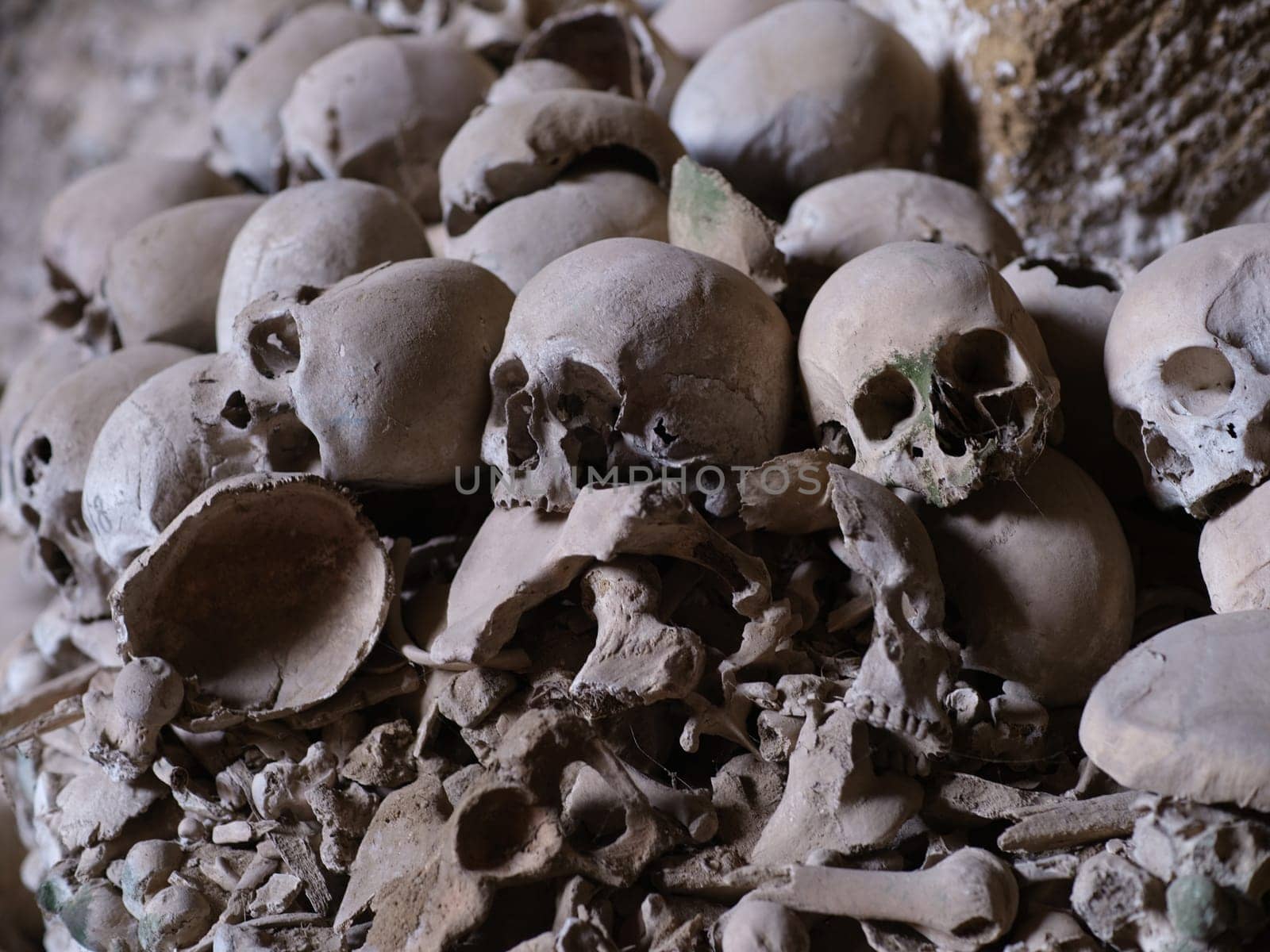 Skull and bones in ancient ossuary, Naples