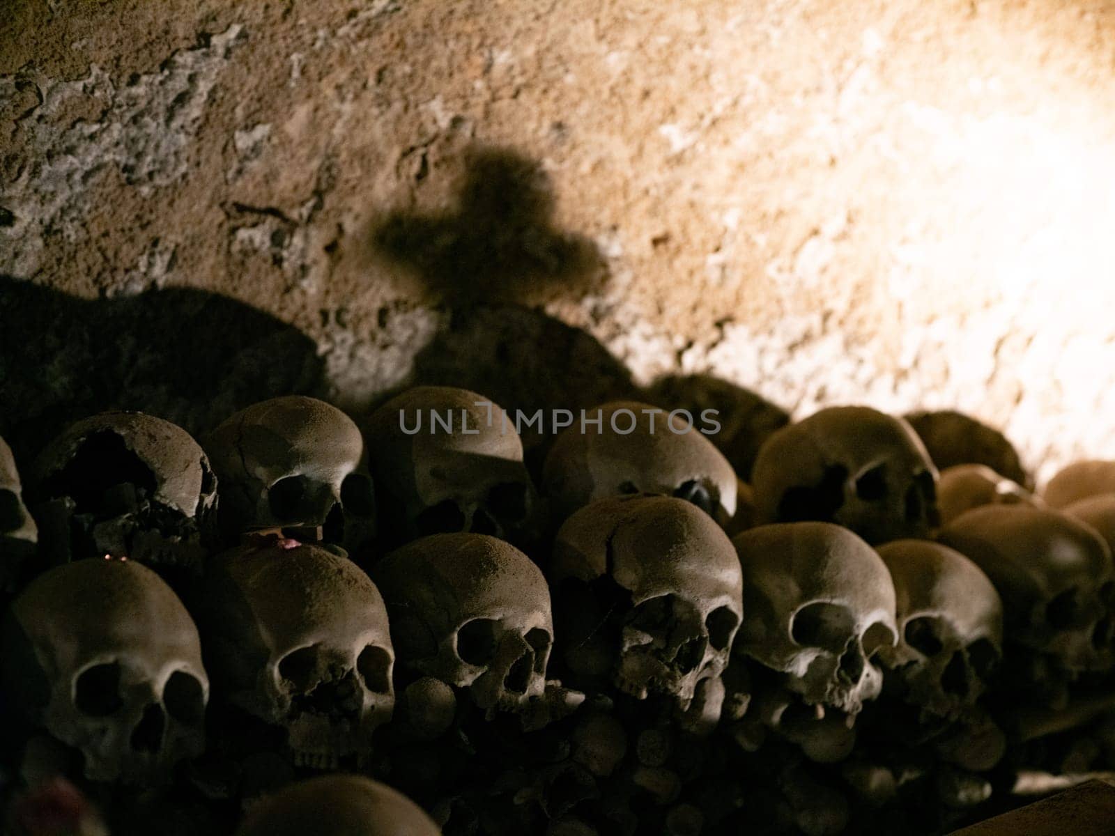 Skull and bones in ancient ossuary, Naples