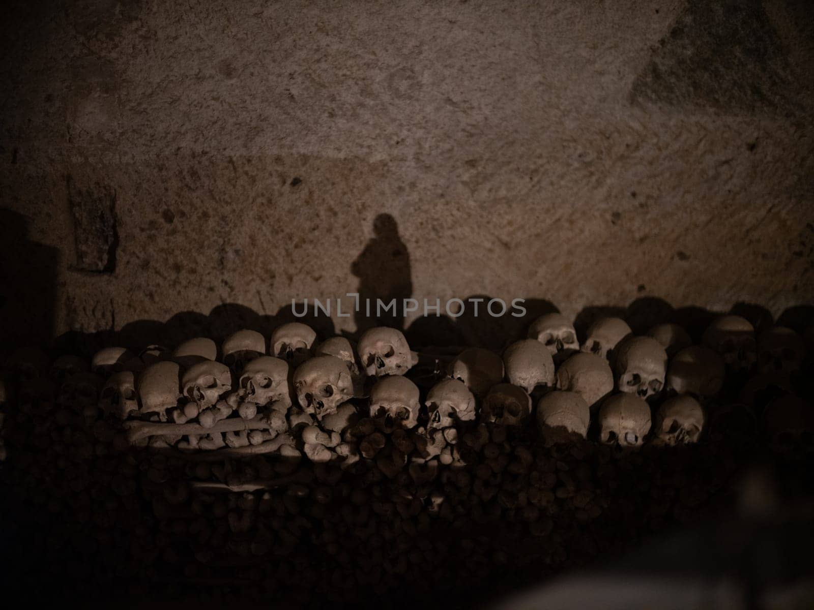 Skull and bones in ancient ossuary, Naples