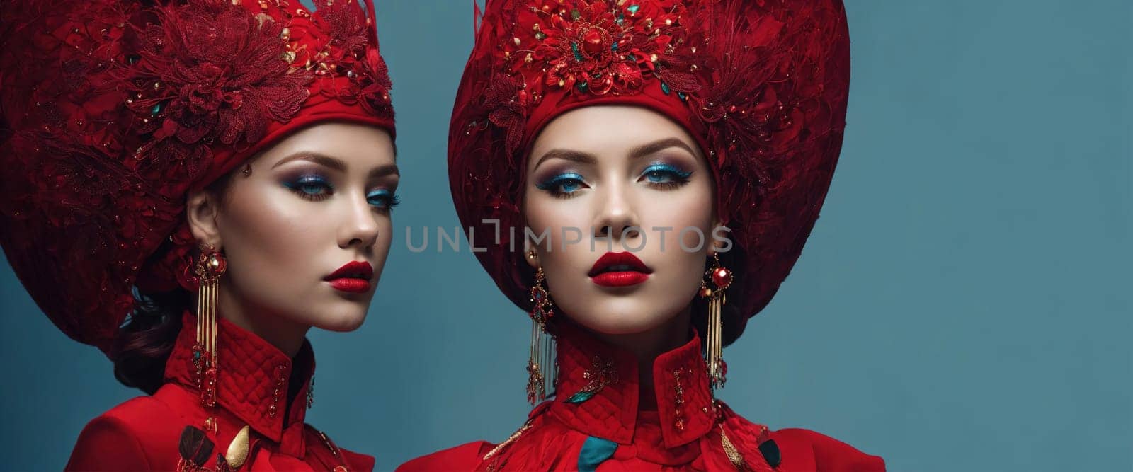 Portrait of a beautiful girl with bright make-up and red headdress. ai generative.