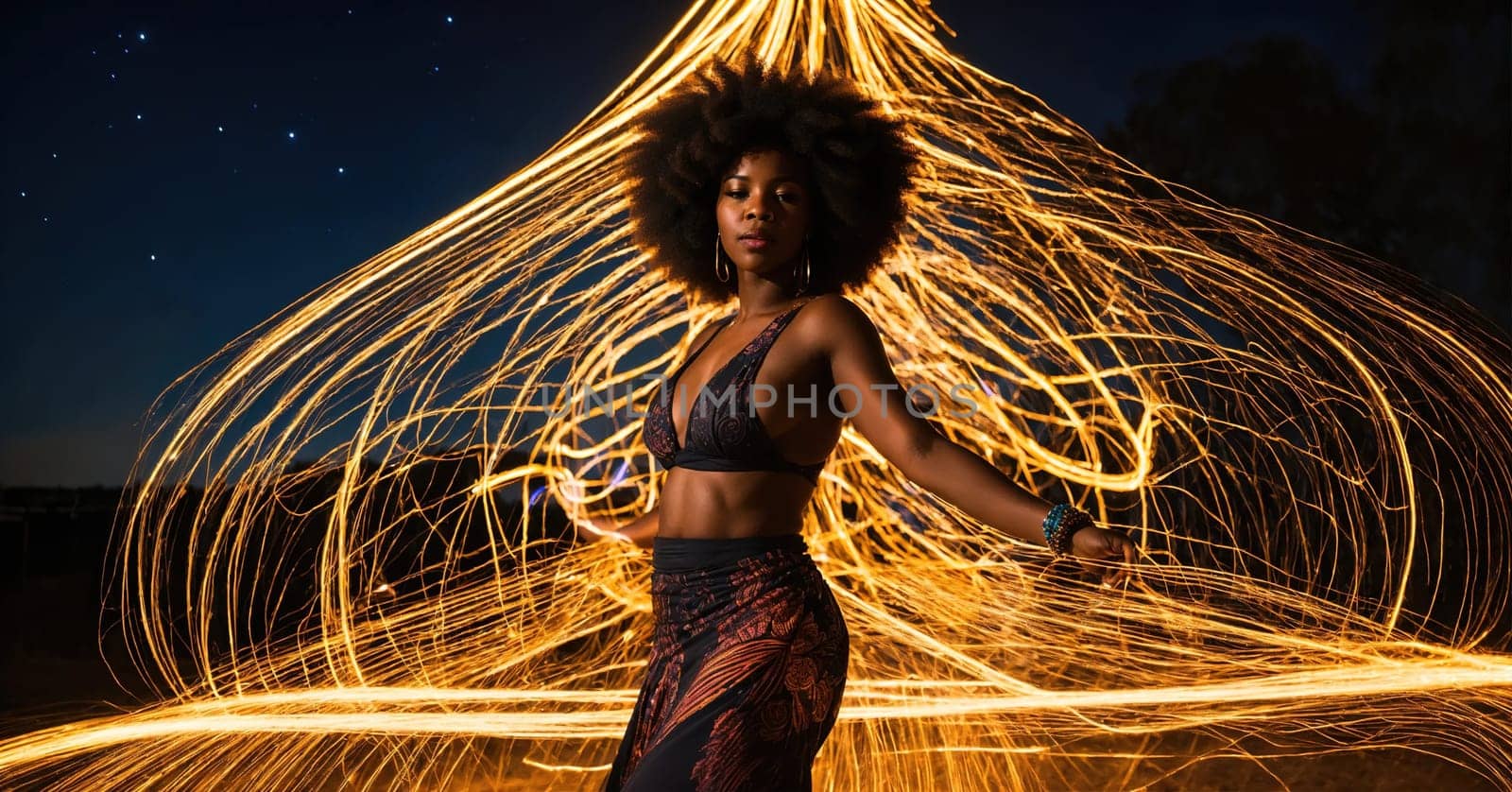 Beautiful african american woman with afro hairstyle and outlined in light. ai generative.