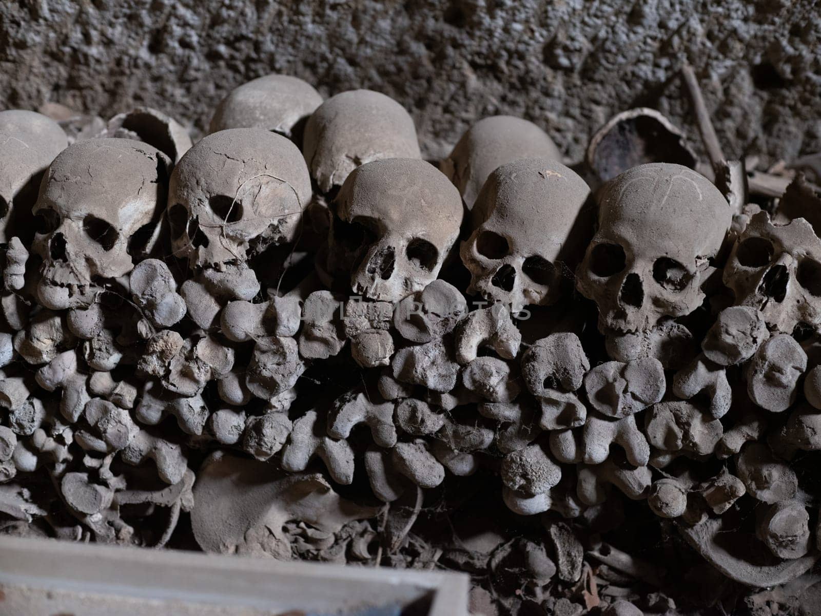 Skull and bones in ancient ossuary, Naples