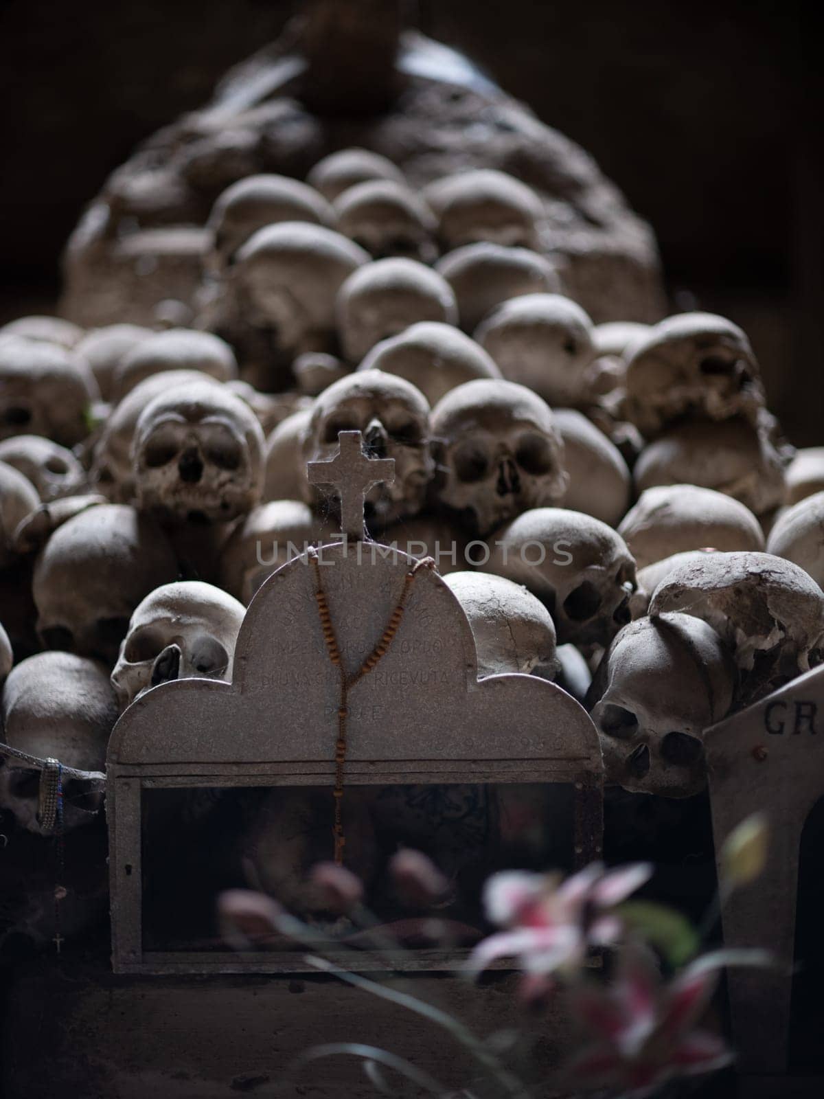 Skull and bones in ancient ossuary, Naples