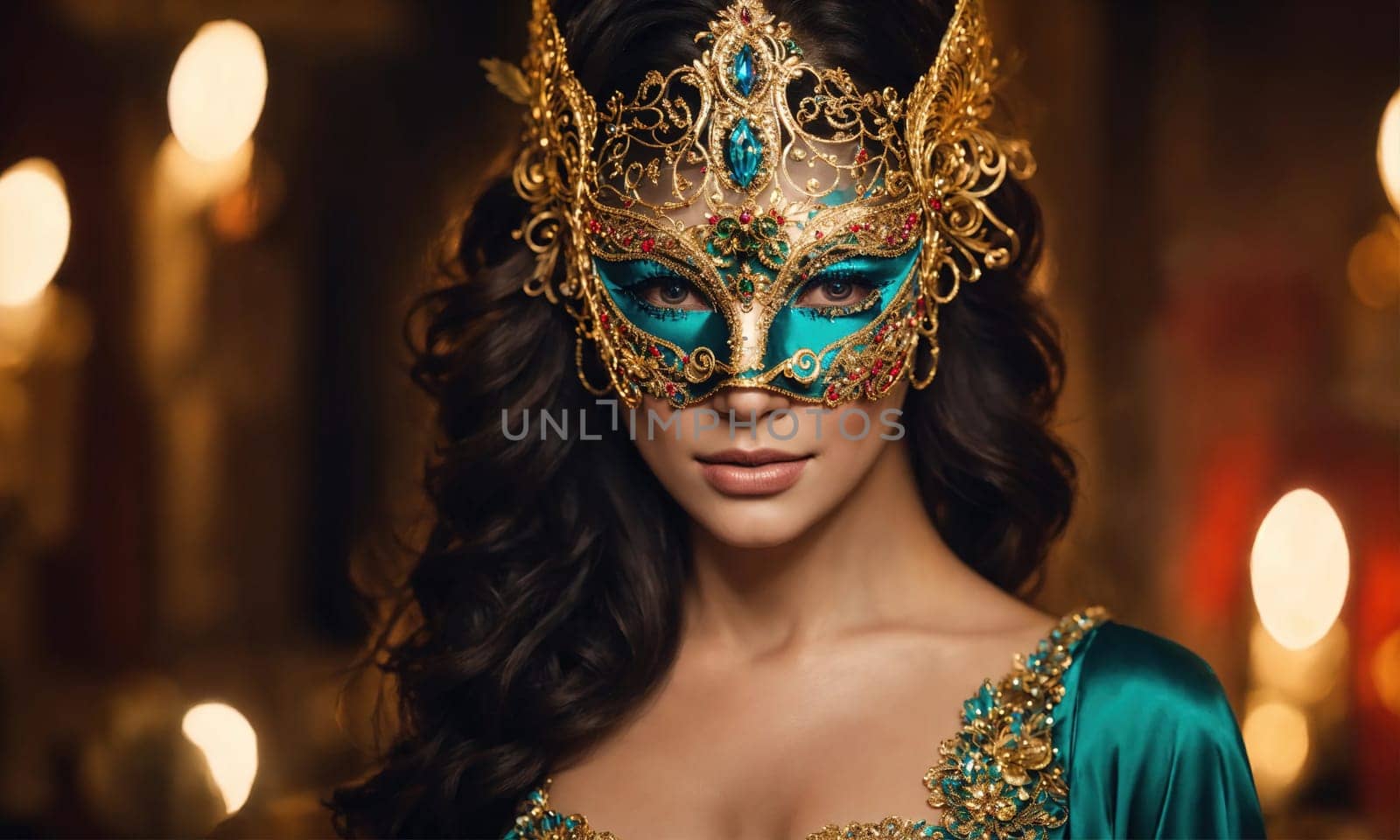 Beautiful young woman in a Venetian mask at the masquerade. ai generative.