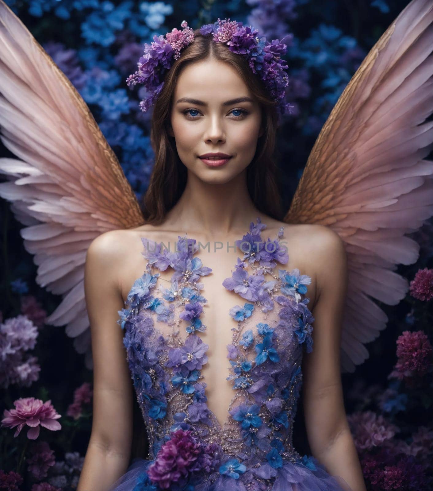Beautiful young woman in a purple dress with make up and flowers. Beauty, fashion. ai generative.