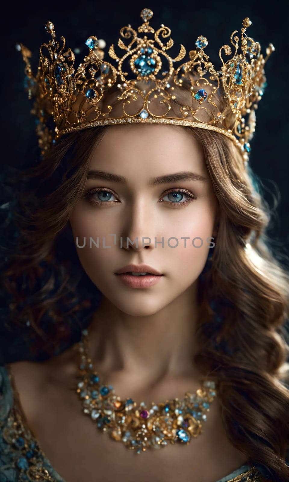 Portrait of beautiful young woman in crown. Luxury makeup and hairstyle. ai generative.