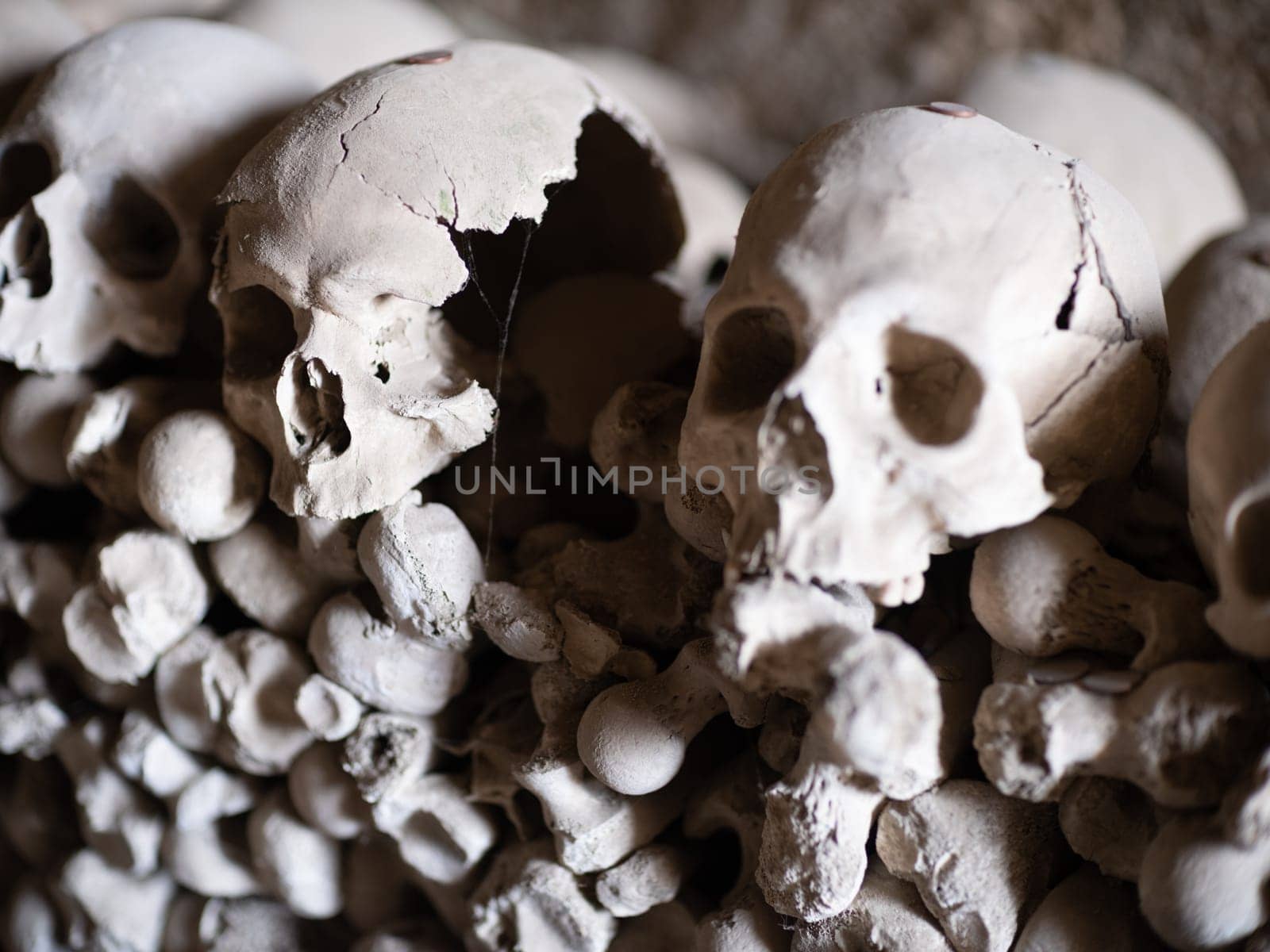 Skull and bones in ancient ossuary, Naples