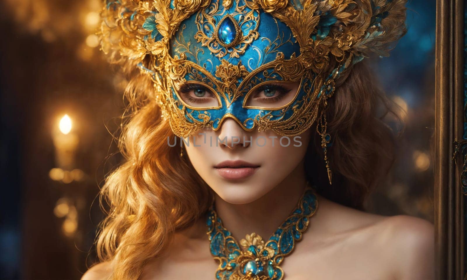 Beautiful young woman in a Venetian mask at the masquerade. ai generative.