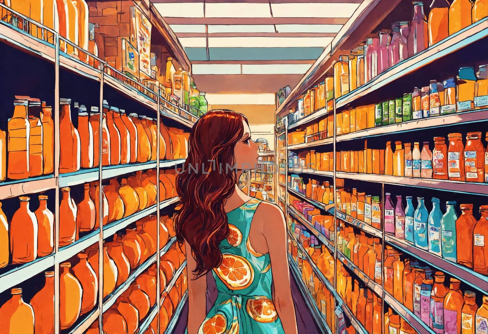 The beautiful woman is looking at the shelves to buy something from the supermarket. ai generative.