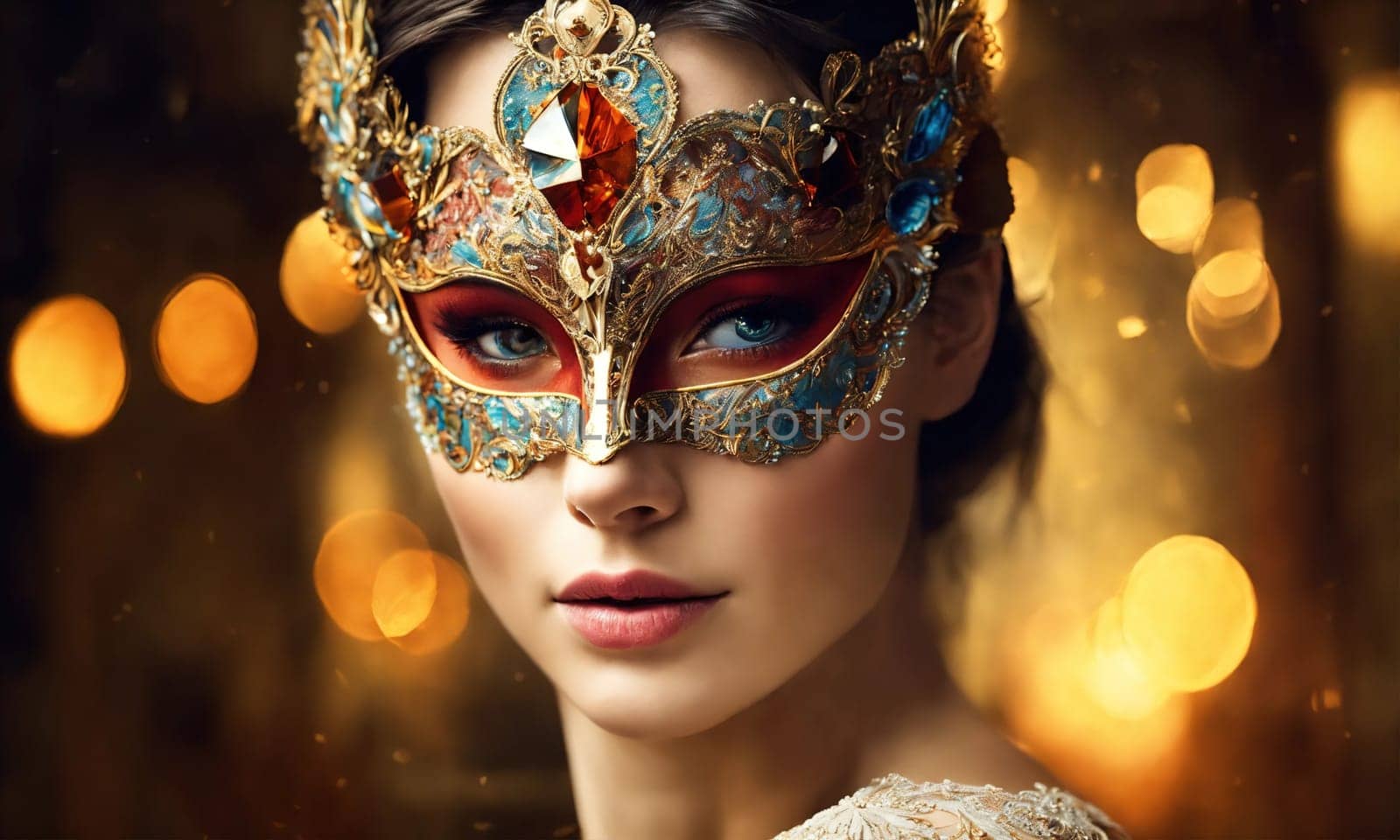 Beautiful young woman in a Venetian mask at the masquerade. ai generative.