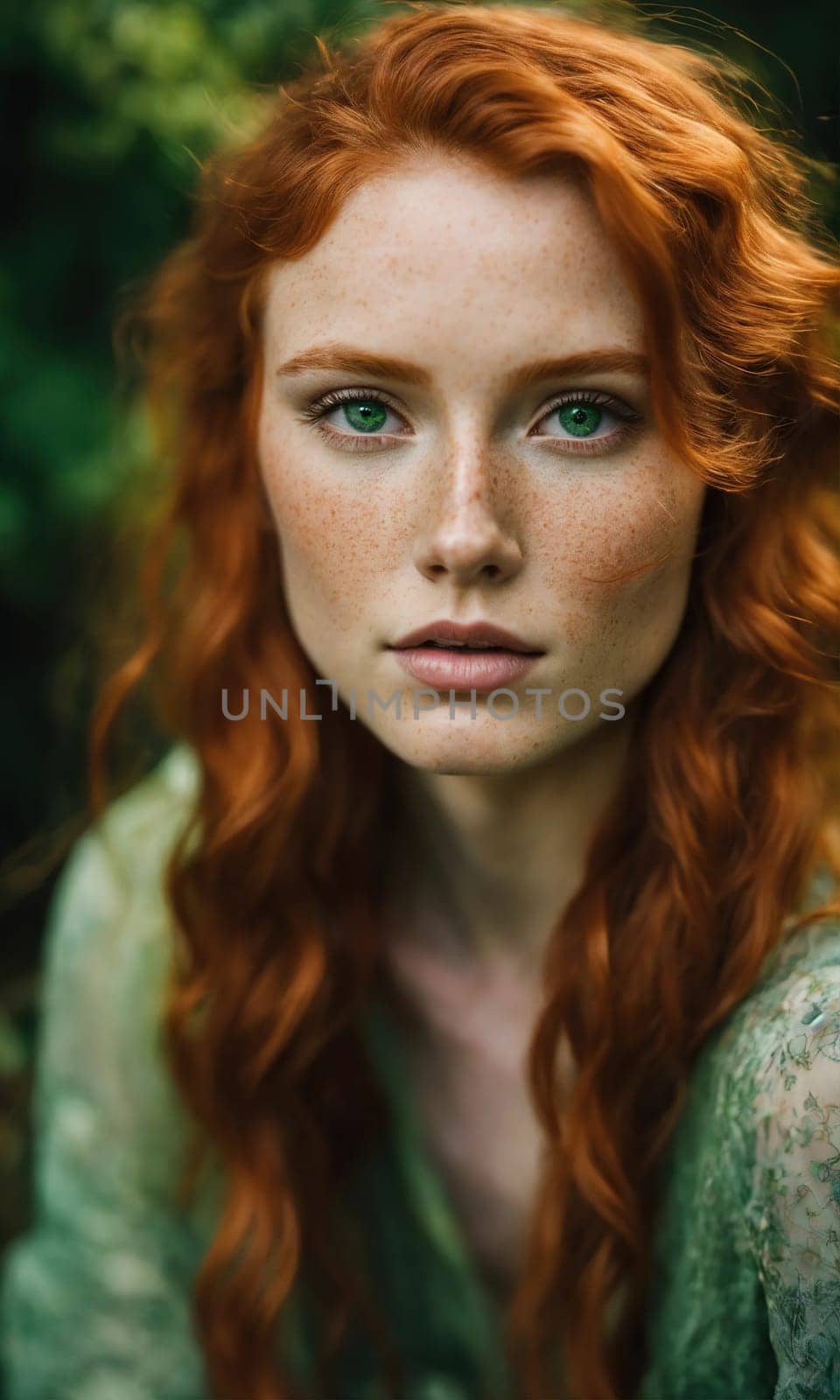 Portrait of a beautiful redhead girl with freckles on her face. ai generative.