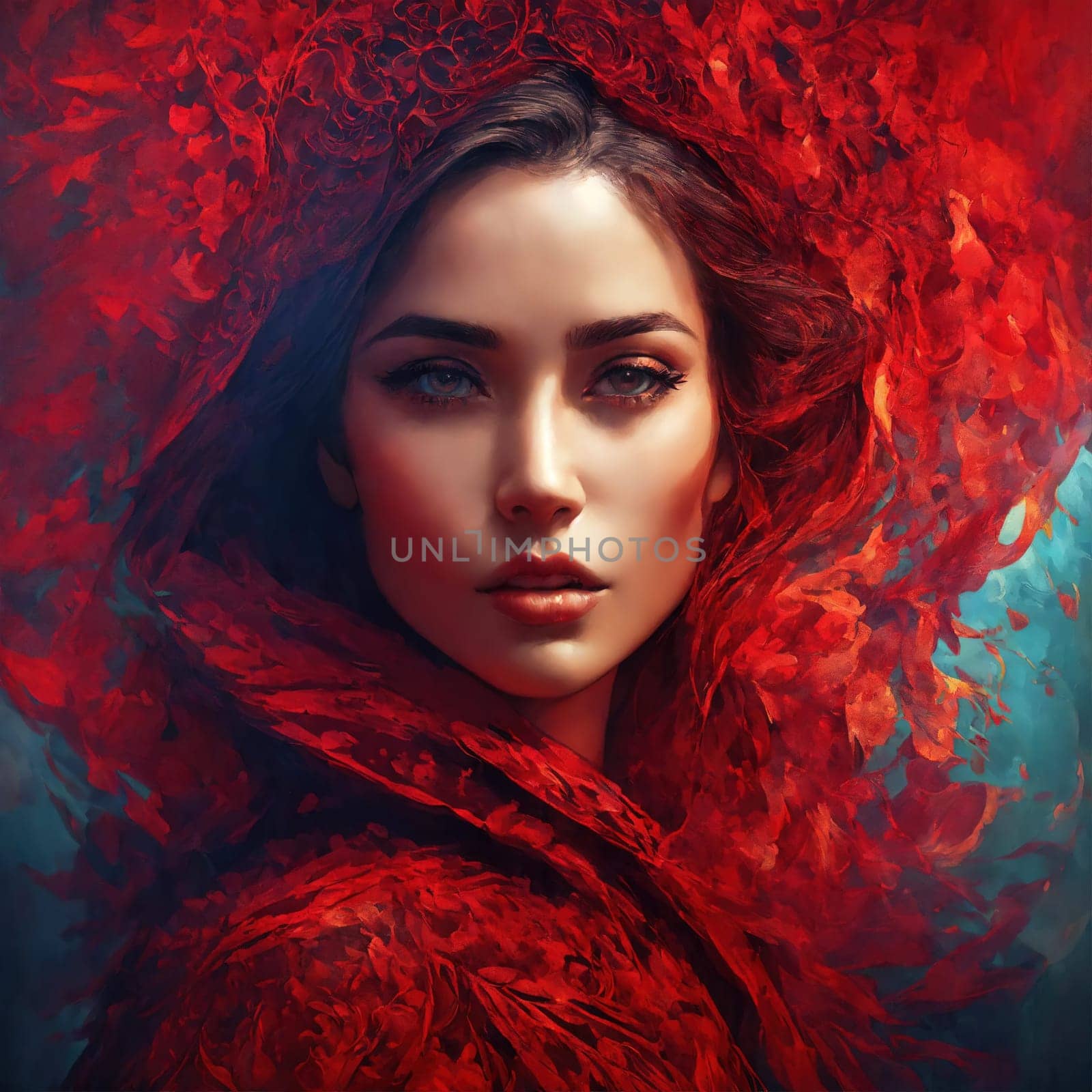 Fashion art portrait of a beautiful woman in a red dress. ai generative.