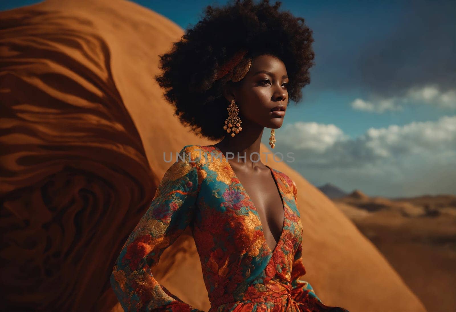 fashion photo of beautiful woman in a long luxurious dress posing. ai generative.