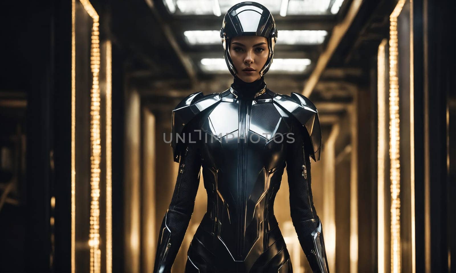 Futuristic woman in black latex suit standing in futuristic interior. ai generative.