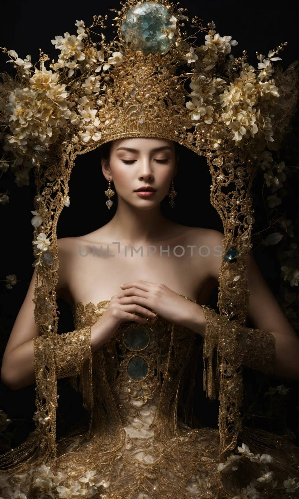 Portrait of beautiful young woman in crown. Luxury makeup and hairstyle. ai generative.