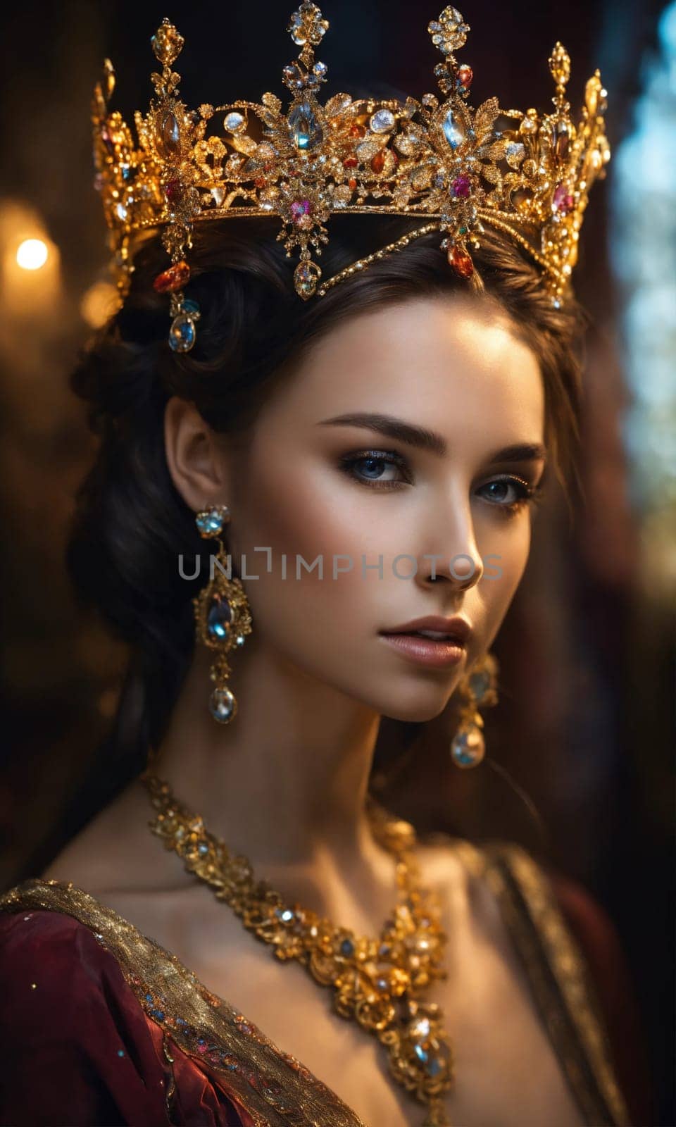 Portrait of beautiful young woman in crown. Luxury makeup and hairstyle. ai generative.
