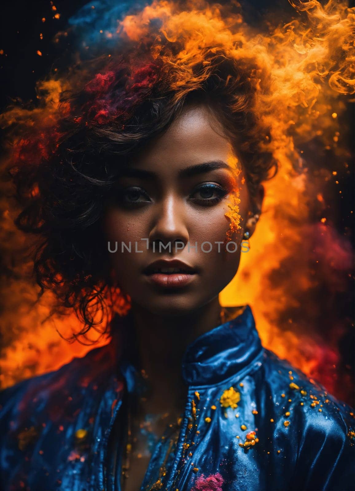 Beautiful young woman with colorfull hair in colorful smoke. ai generative.