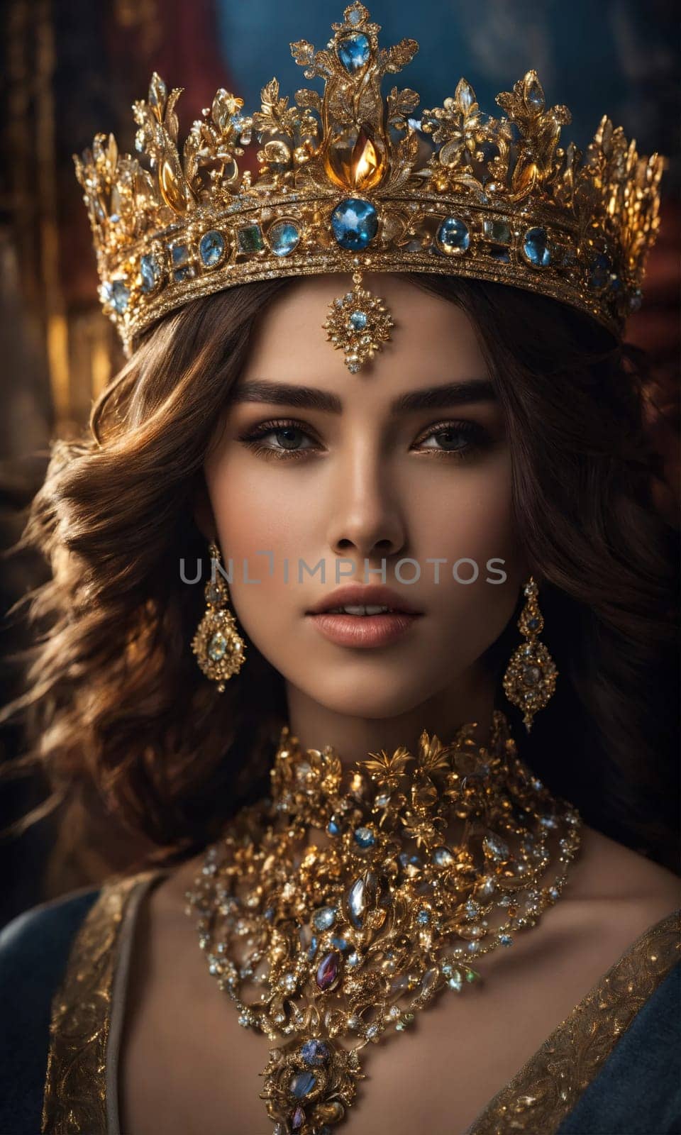 Portrait of beautiful young woman in crown. Luxury makeup and hairstyle. ai generative.