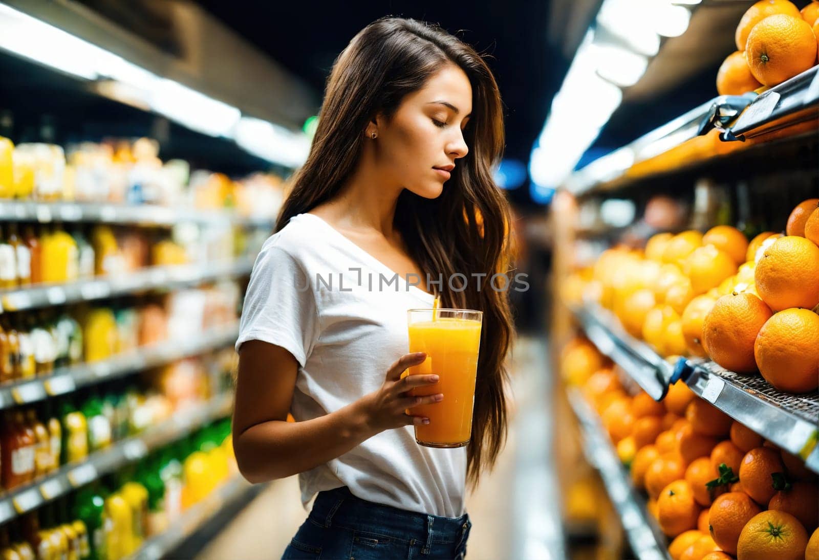 The beautiful woman is looking at the shelves to buy something from the supermarket. ai generative.