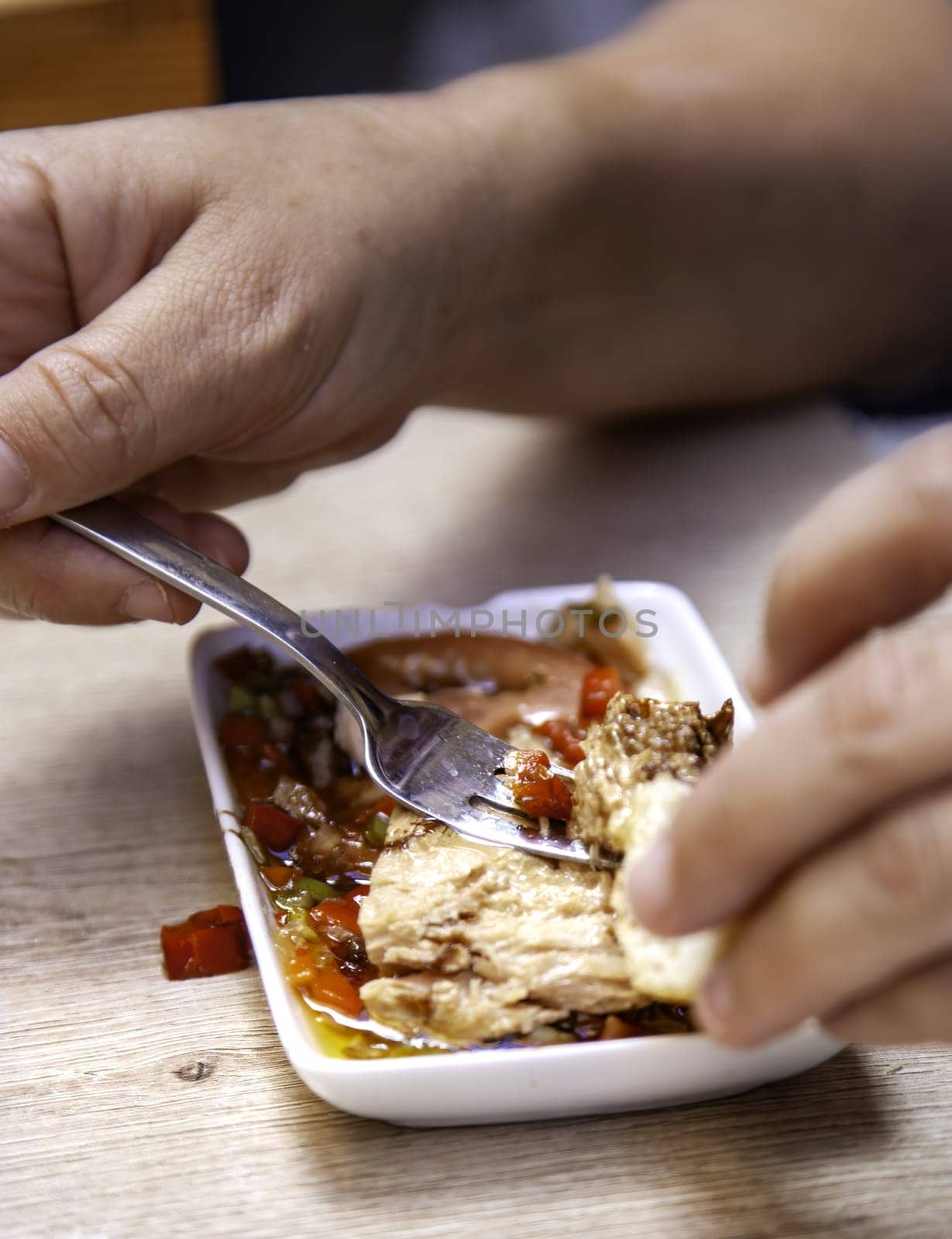 Detail of typical tapa in a Spanish bar, food and fun