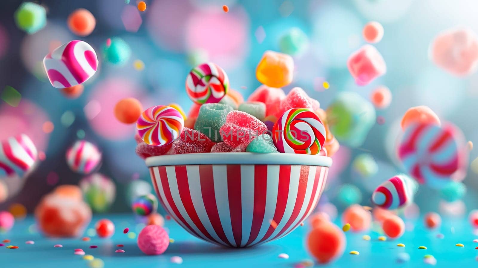 Candy bowl with various candies floating in the air.AI generated.