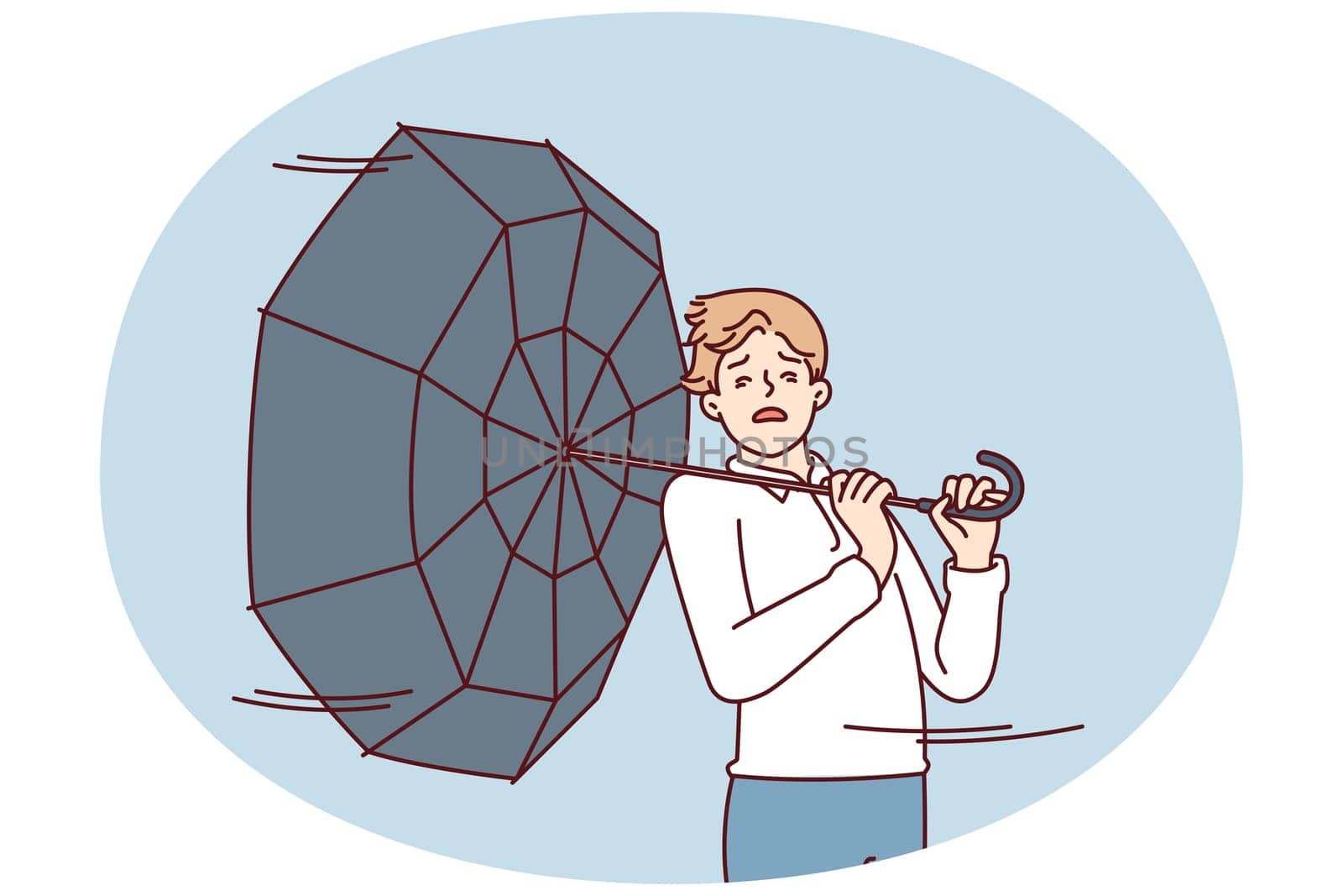 Man with umbrella turned backwards walks down street during severe life-threatening storm. Pedestrian in casual clothes caught in hurricane walking around city and needs shelter