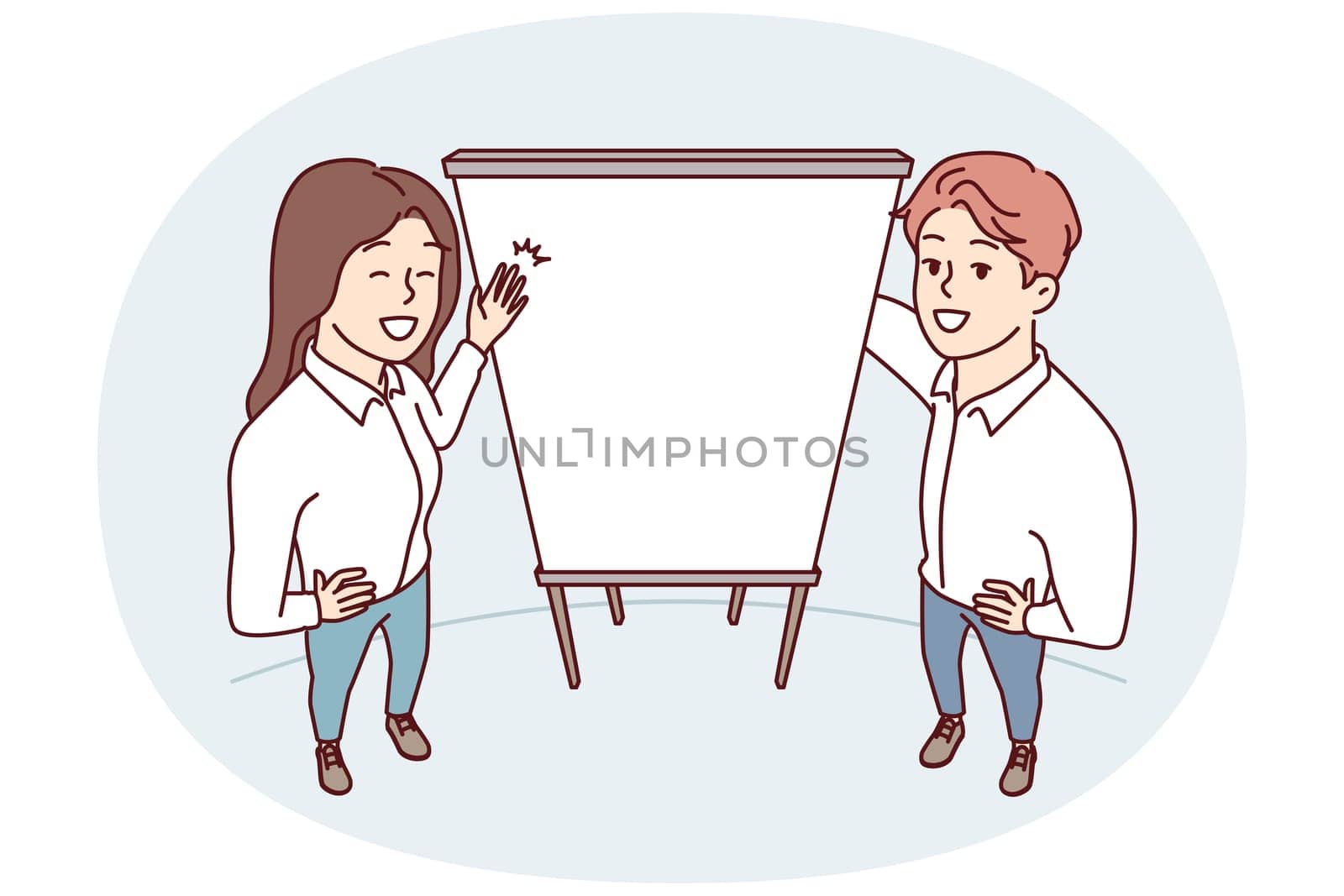 Man and woman office employees stand near empty flipchart carry out business presentation. Top view of guy and girl pointing with hands at sheet of paper for advertising services