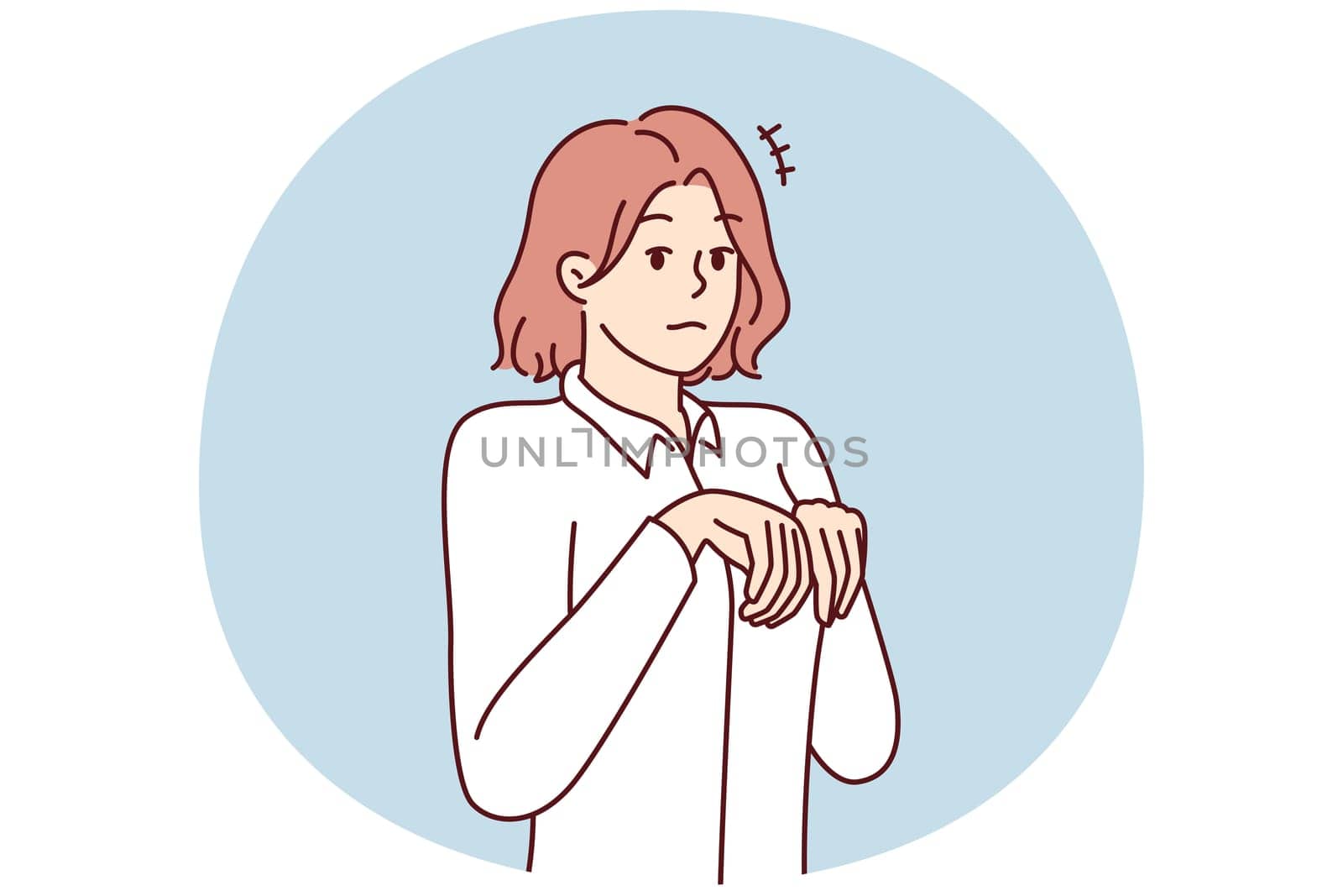 Young girl stands like puppy or bunny, bending palms near chest in pose symbolizing obedience and humility. Attractive woman in white shirt looks at screen in embarrassment