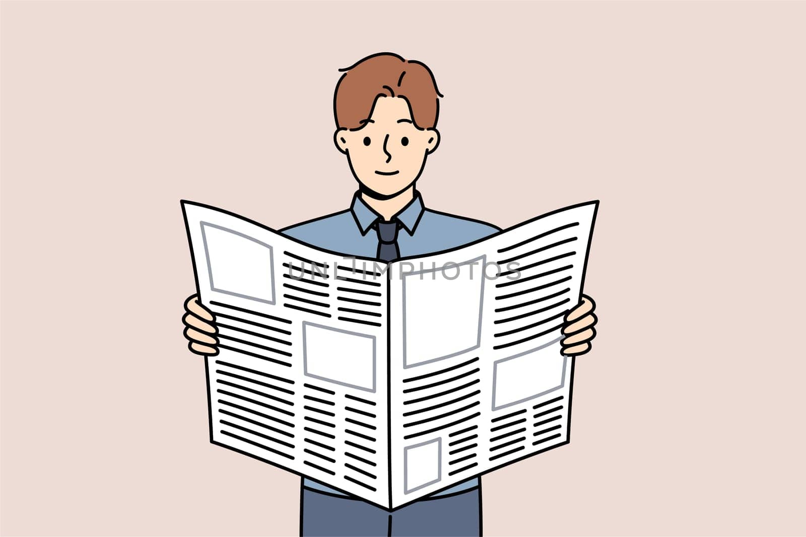 Man reads business newspaper to learn about news from large corporations or looks for job advertisements. Guy with daily newspaper scours press for inside information about company vacancies.
